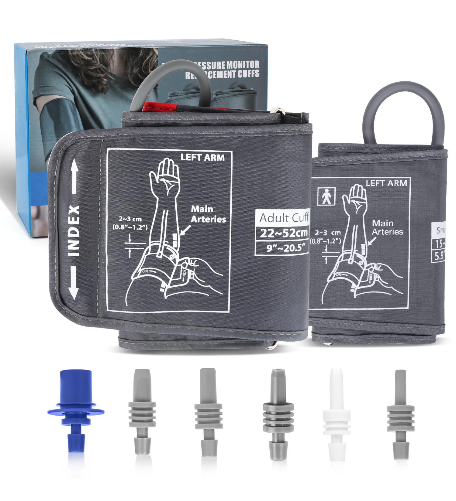 Full-Size Blood Pressure Replacement Cuffs - Compatible with Omron & More 5.9-21 Inches Fit Small to Extra Large Arms - 6 Connector Sizes Available - Buy Online on GoSupps.com