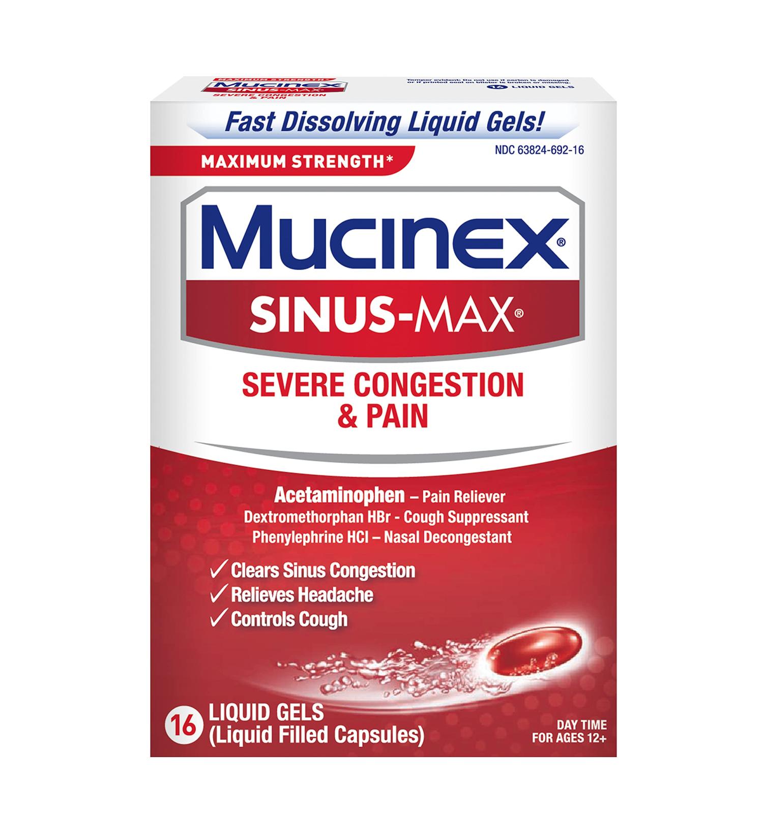 Mucinex Sinus-Max Max Strength Severe Congestion & Pain Liquid Gels 16ct - Fast Relief Formula - Buy Online on GoSupps.com