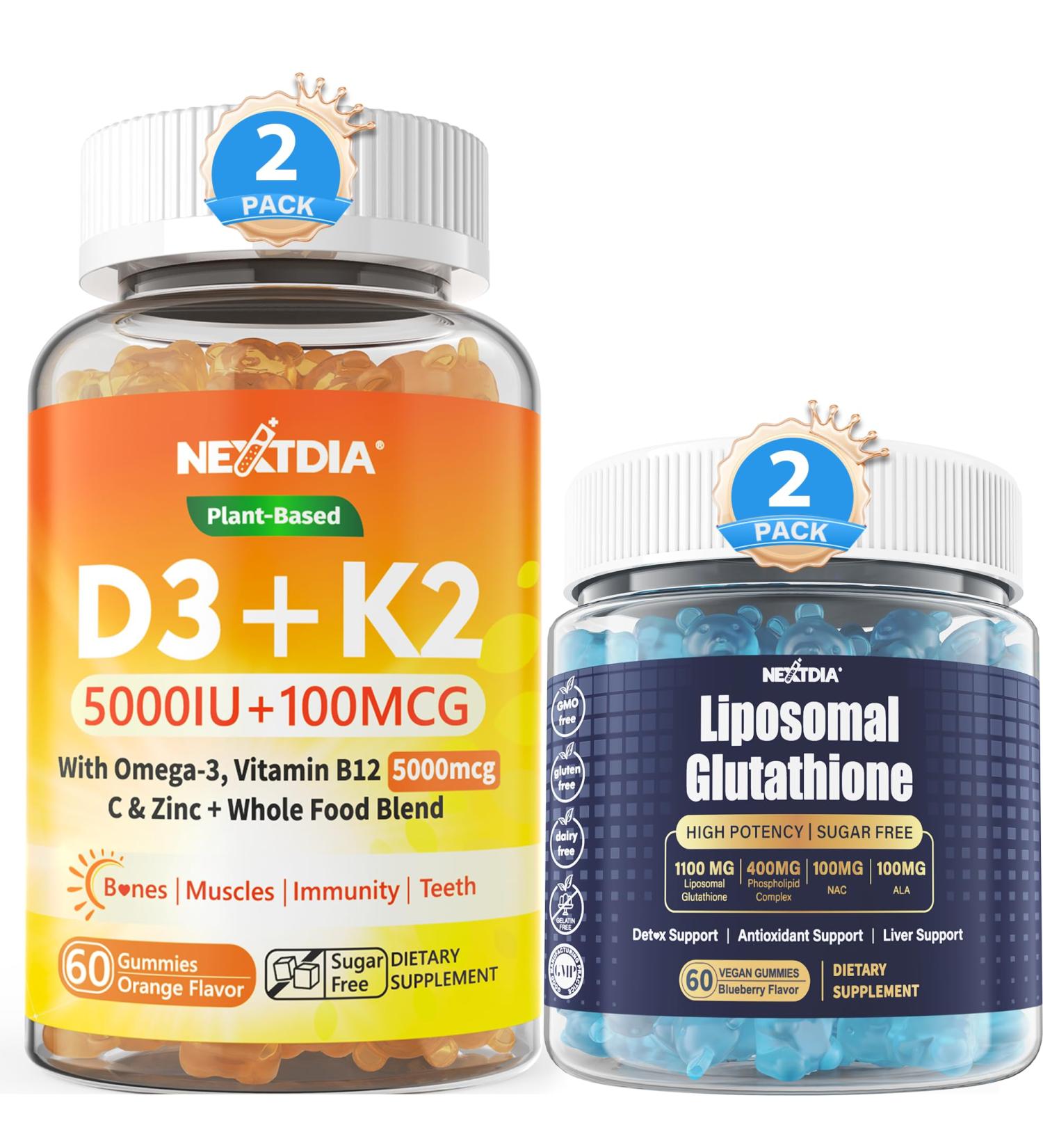 Nextdia Organic Plant D3 5000 IU + K2(MK-7) 100 mcg + 1950mg Liposomal Glutathione Gummies for Women - Buy Online on GoSupps.com