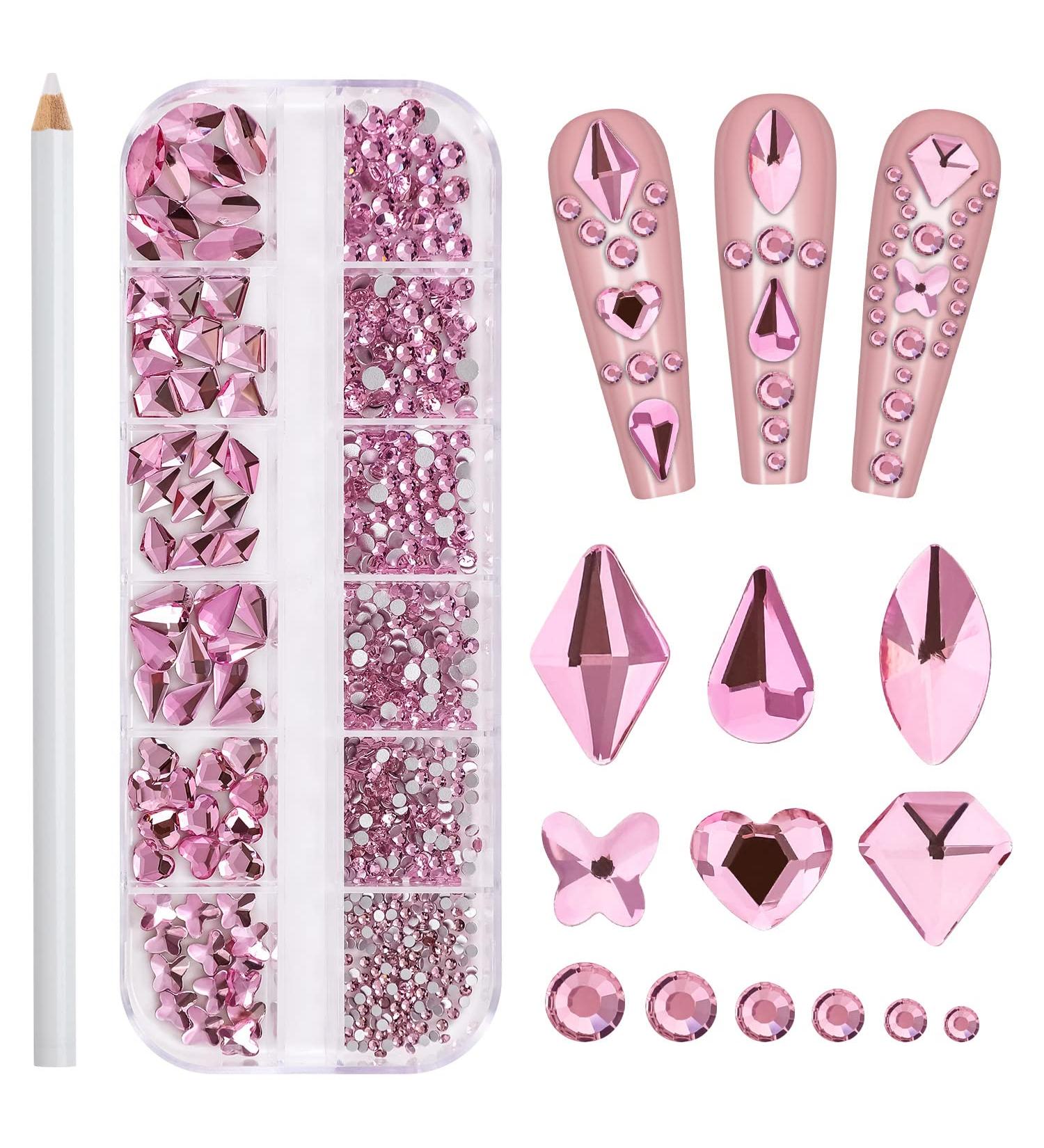 Noverlife 660PCS Nail Art Rhinestones - 3D Multi Shapes Flatback Nail Crystals for DIY Manicure - Pink - Buy Online on GoSupps.com
