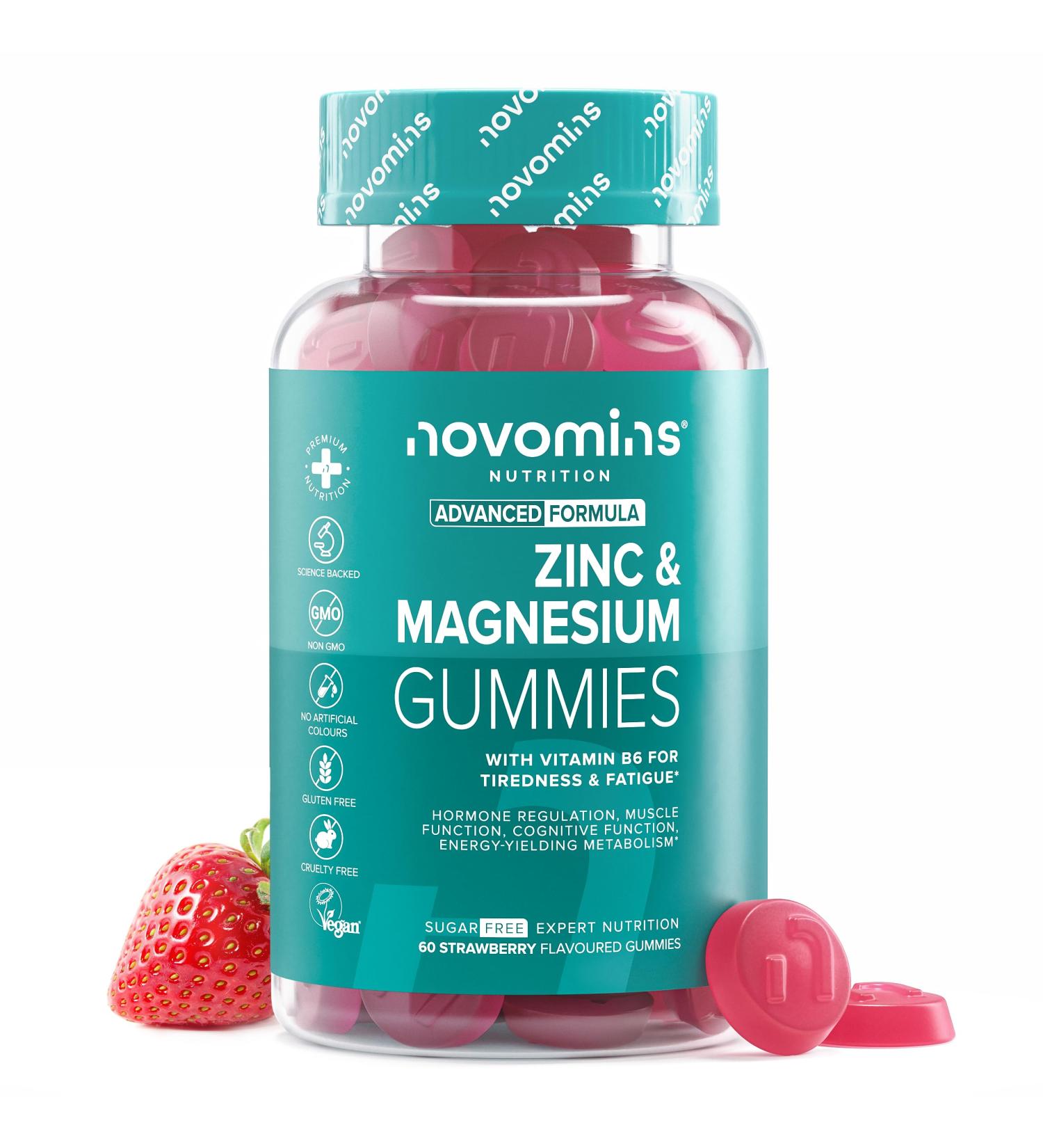 Novomins Zinc & Magnesium Gummies Sugar Free Supports Muscle & Bone Health Energy & Metabolism with Vitamin B6 High Dose Magnesium & Zinc Supplement Gluten Free - Buy Online on GoSupps.com