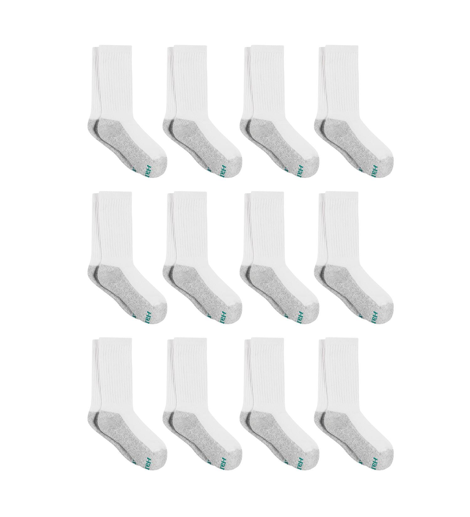 Hanes Boys' Double Tough Cushioned Crew Socks 12-Pack - White/Grey - Large - Buy Online on GoSupps.com