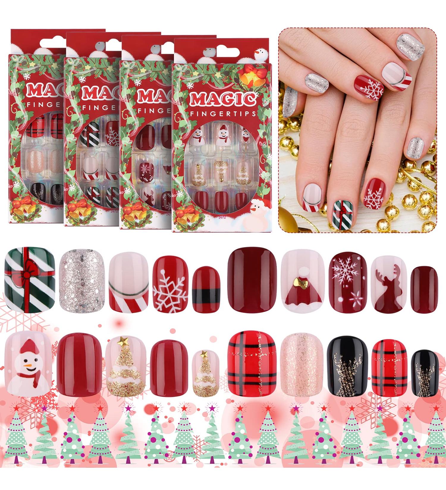 EBANKU 96 Pcs Christmas Coffin False Nails | Short Fake Nails Full Cover Kit with Adhesive Tabs | Snowflake Elk Design Nail Art for Women Girls - Buy Online on GoSupps.com