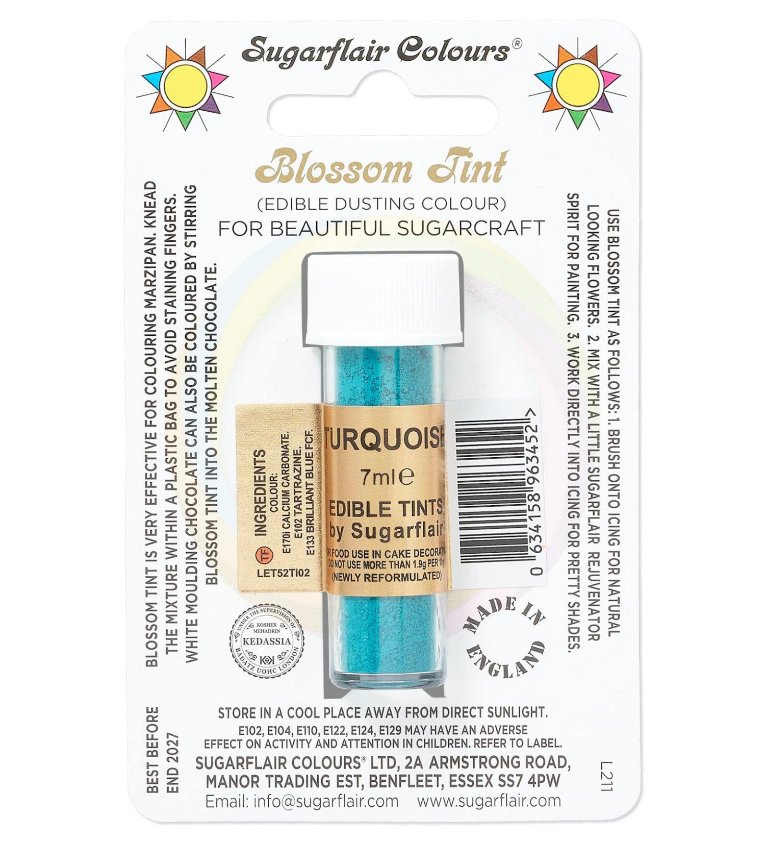 Sugarflair Turquoise Blossom Tint Food Colouring and Dusting Powder Matt Finish Brush On or Mix with Rejuvenator Spirit to Create a One of A Kind Cake - 7ml