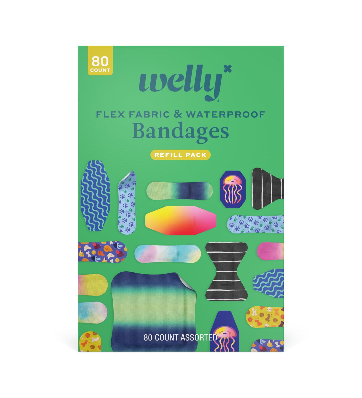 Welly Bandage Family Pack - 80 Count Waterproof Adhesive Fabric Bandages in Assorted Shapes & Patterns for Minor Cuts and Scrapes | International Shipping Available - Buy Online on GoSupps.com