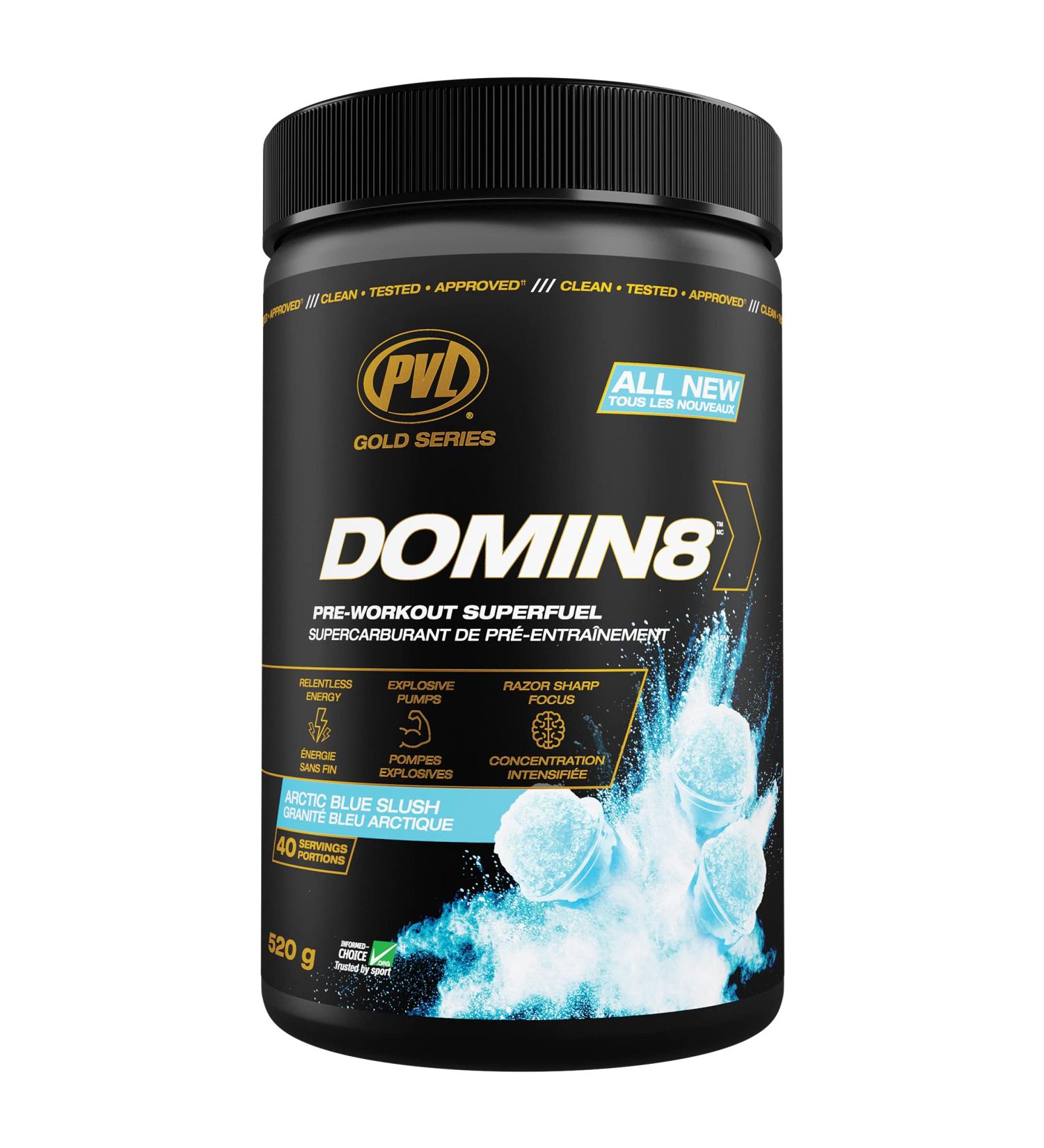 PVL Gold Series Domin8 | Pre-workout Superfuel - full dose Preworkout - 520 g - Artic Blue Slush - Buy Online on GoSupps.com
