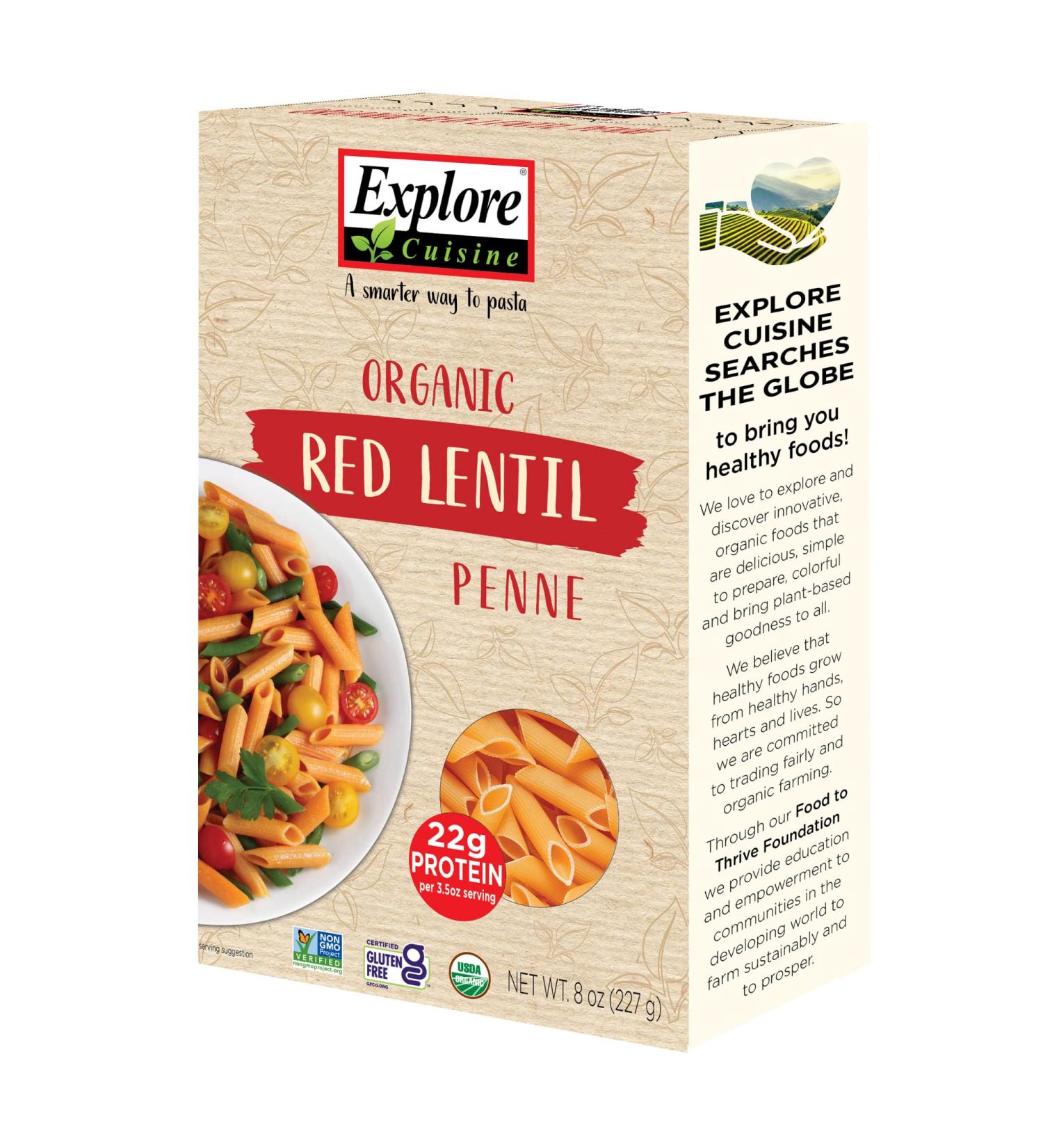 EXPLORE CUISINE Organic Red Lentil Penne (6 Pack) | High Protein Gluten Free Pasta | USDA Certified Organic,Vegan, Kosher, Non-GMO | 8 oz - 24 Servings - Buy Online on GoSupps.com