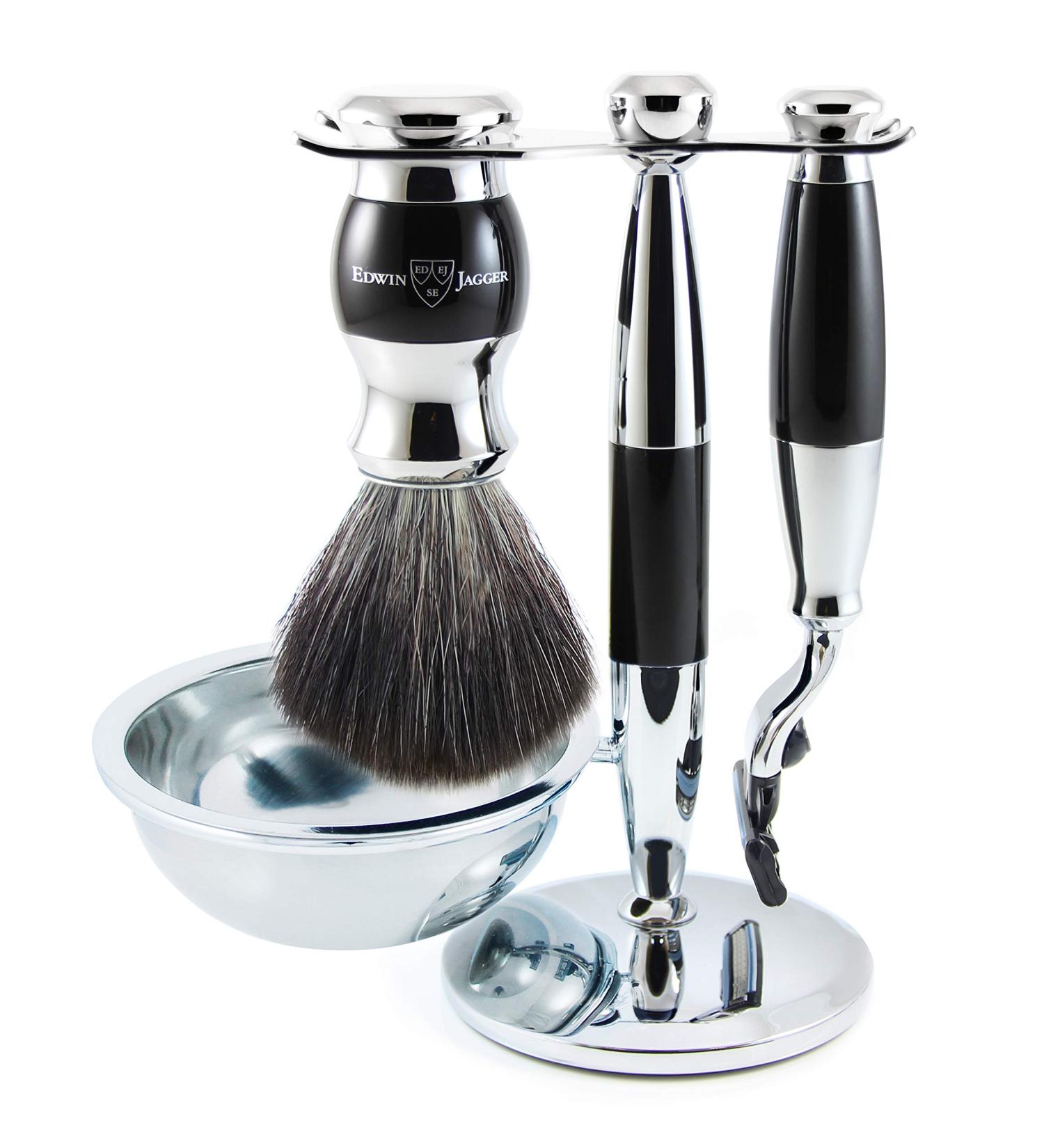 Edwin Jagger 4pc set Compatible With Gillette Mach3 Cartridge Shaving Brush Black Synthetic Fibre With Stand Chrome Plated (Imitation Ebony)