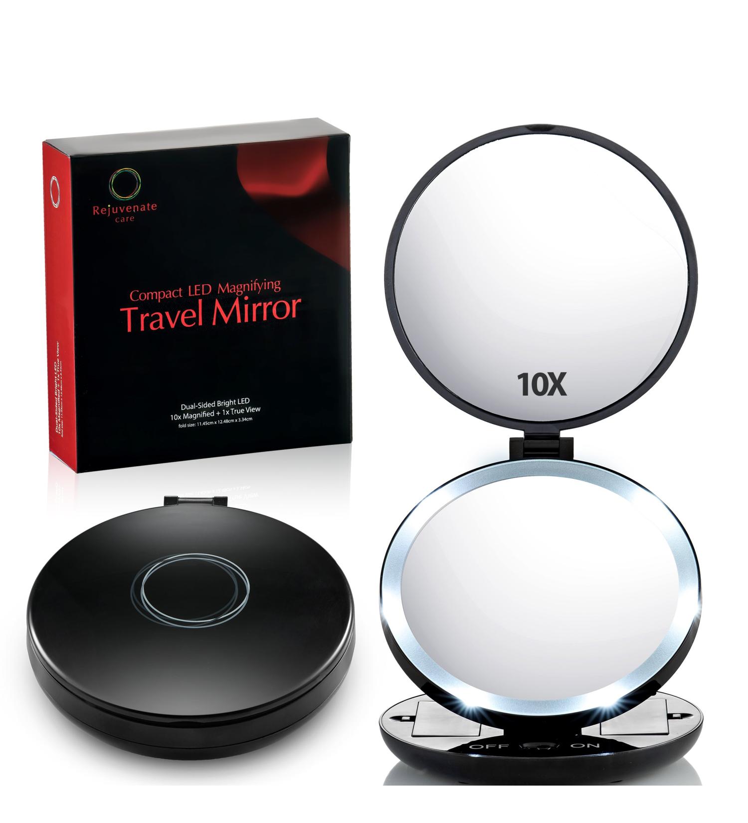 Rejuvenate Care Compact Travel Makeup Mirror with LED Lights - 1X/10X Magnification - Buy Online on GoSupps.com