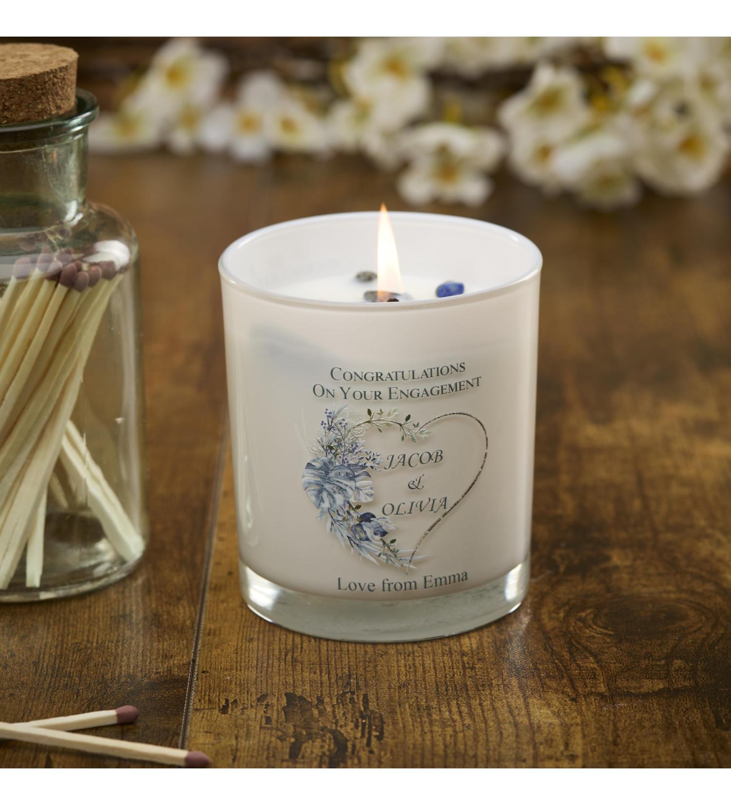 Personalised Candle Gift for Engagement Couple with Palm Tropical Heart (Sea Breeze)