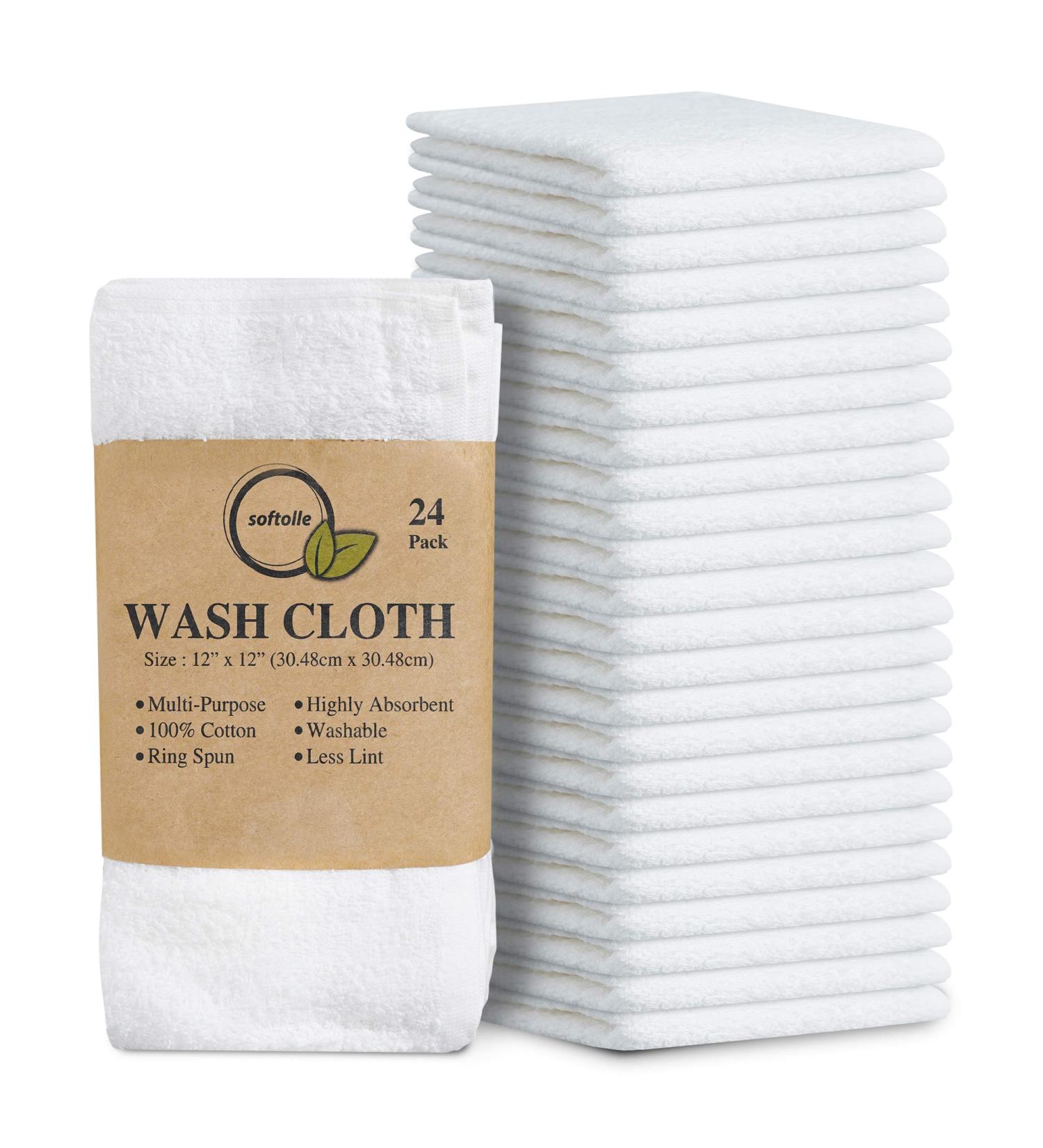 Softolle 100% Cotton Ring Spun Wash Cloths 12x12 Inches - Bulk Pack of 24 Face Towels, Highly Absorbent and Soft - White Washcloths for Face - Buy Online on GoSupps.com