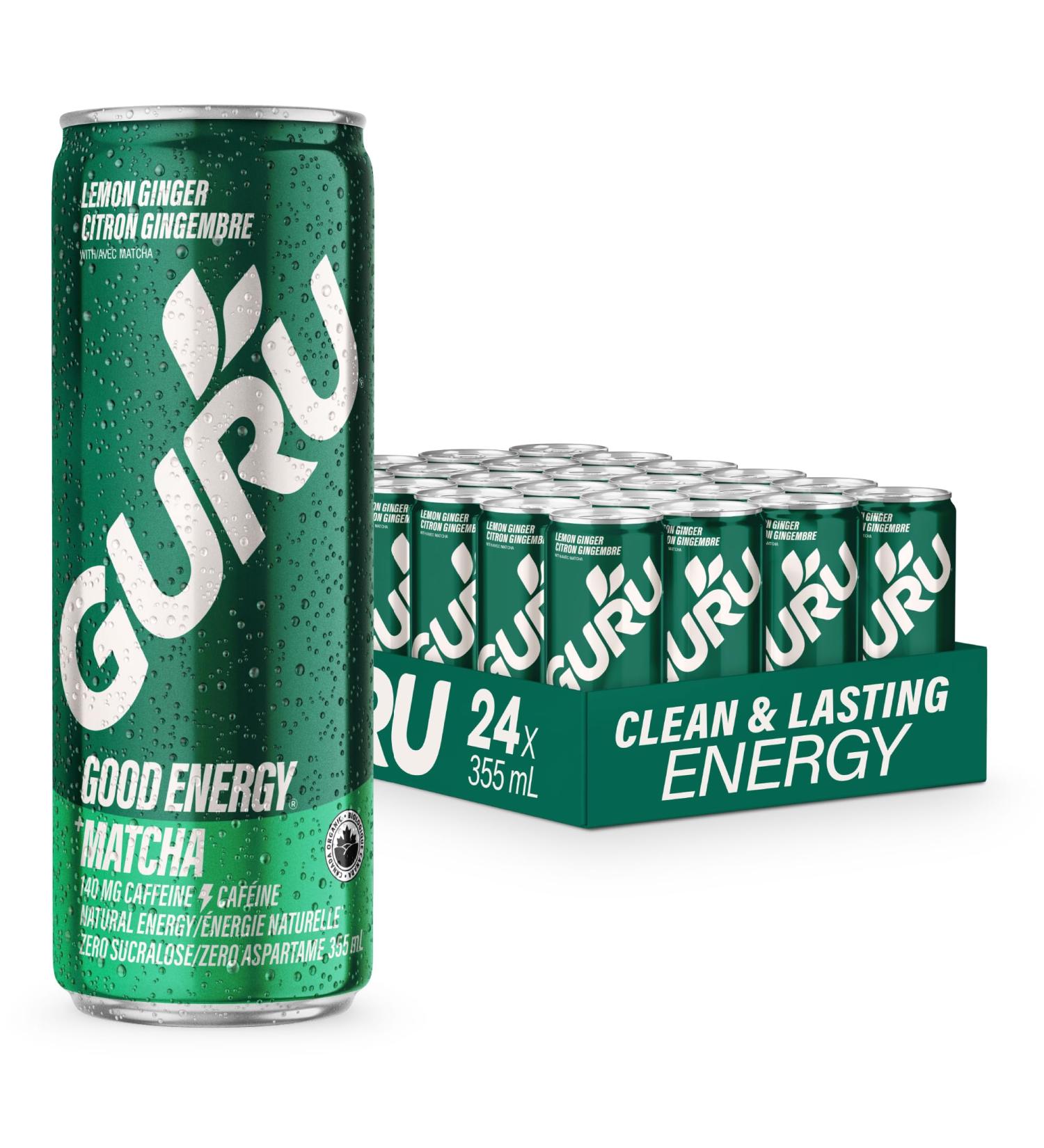 GURU Matcha Organic Energy Drinks Clean Energy Drink with Plant Based Natural Caffeine from Green Tea Low Calorie Gluten Free 140mg Caffeine Healthy Drinks Lemon Ginger 355mL (Pack of 24) - Buy Online on GoSupps.com