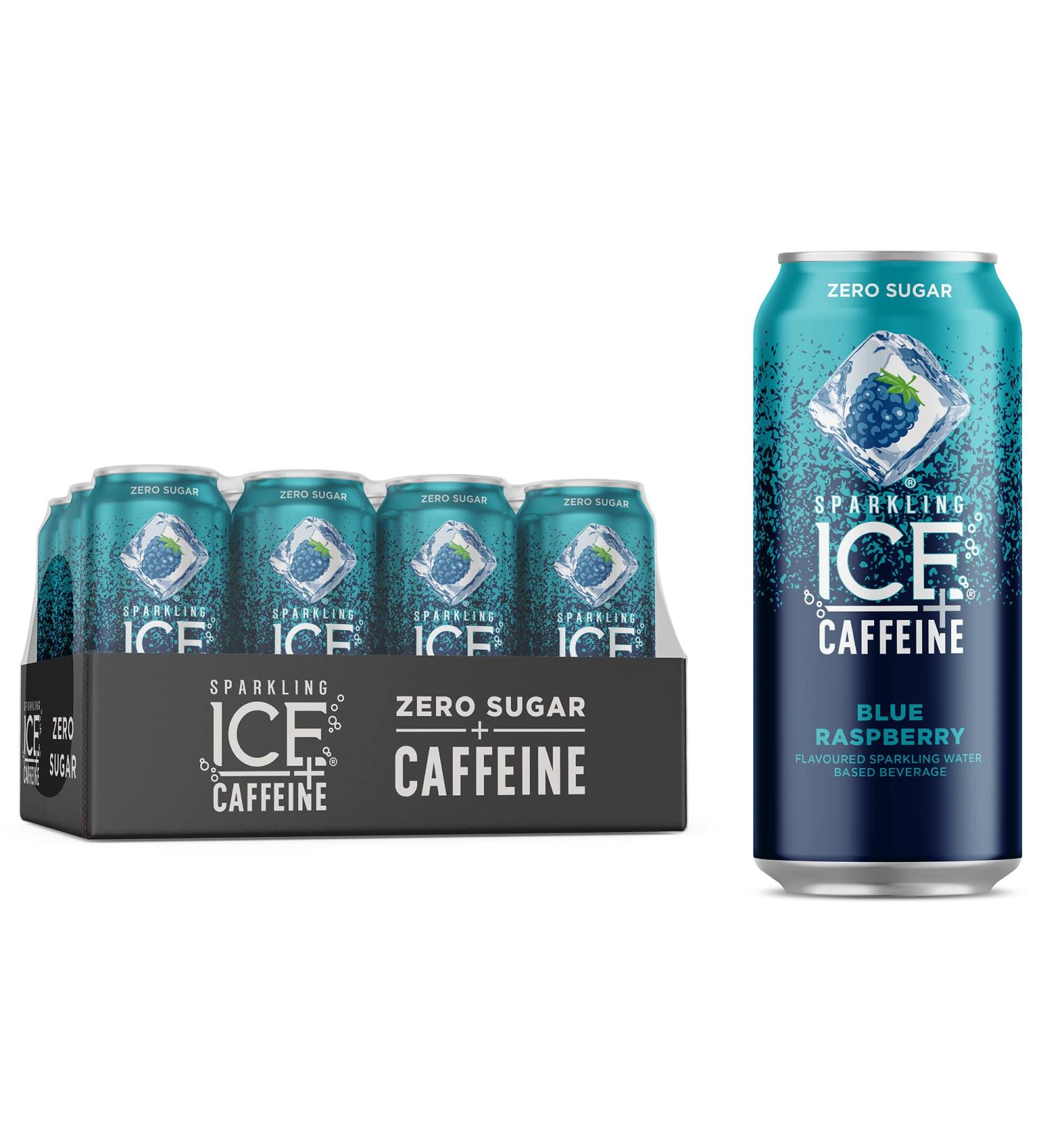 Sparkling Ice +Caffeine Blue Raspberry Sparkling Water. Caffeinated Sparkling Water from Coffee Beans and Green Tea Extracts for the Perfect Pick-Me-Up. 473 mL (Pack of 12) Blue Raspberry (Caffeine) 473 ml (Pack of 12) - Buy Online on GoSupps.com