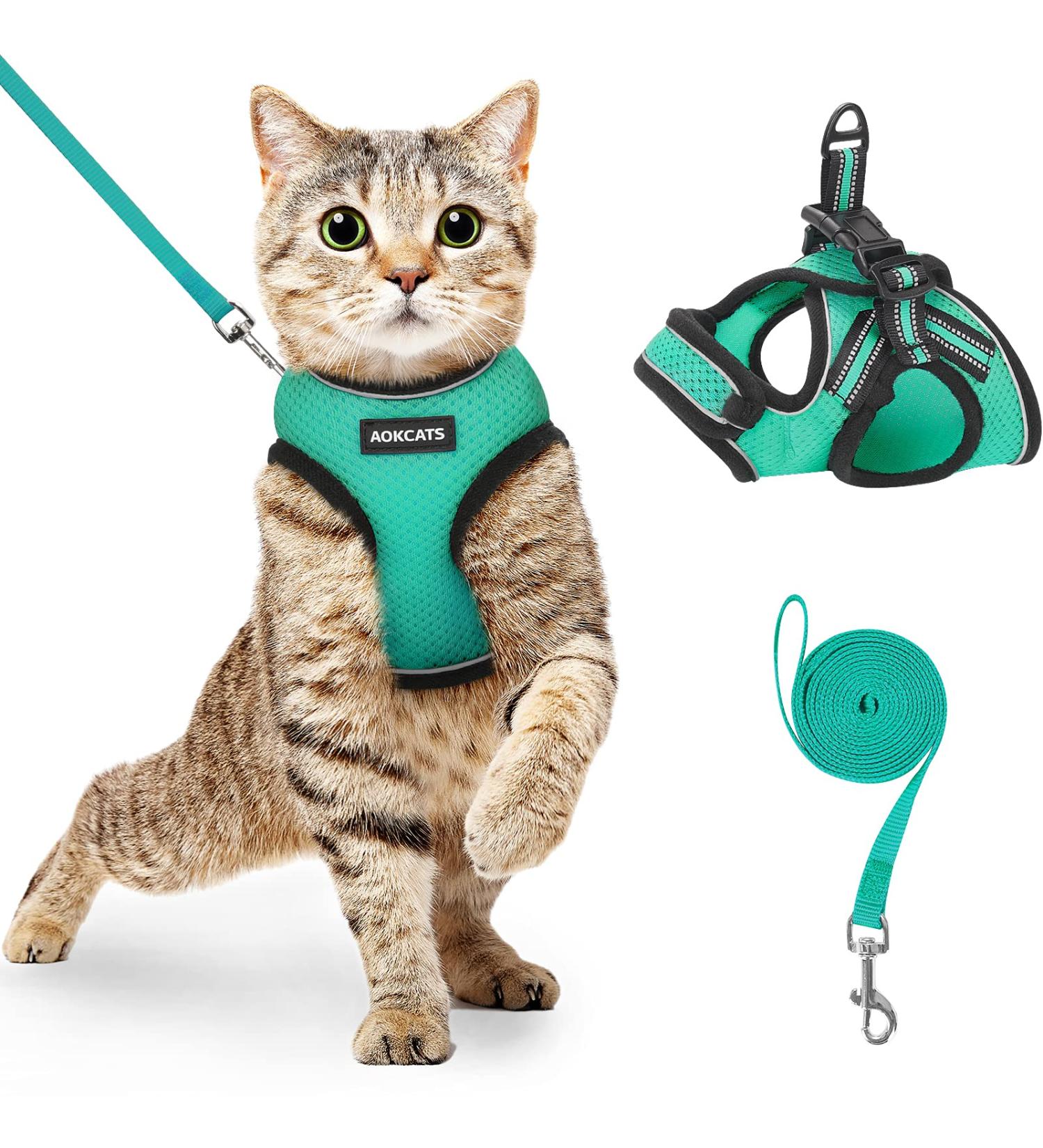 Aokcats Reflective Cat Harness Set with Leash & Dishes - Adjustable Outbreak-Proof for Cats & Rabbits - Green - Buy Online on GoSupps.com