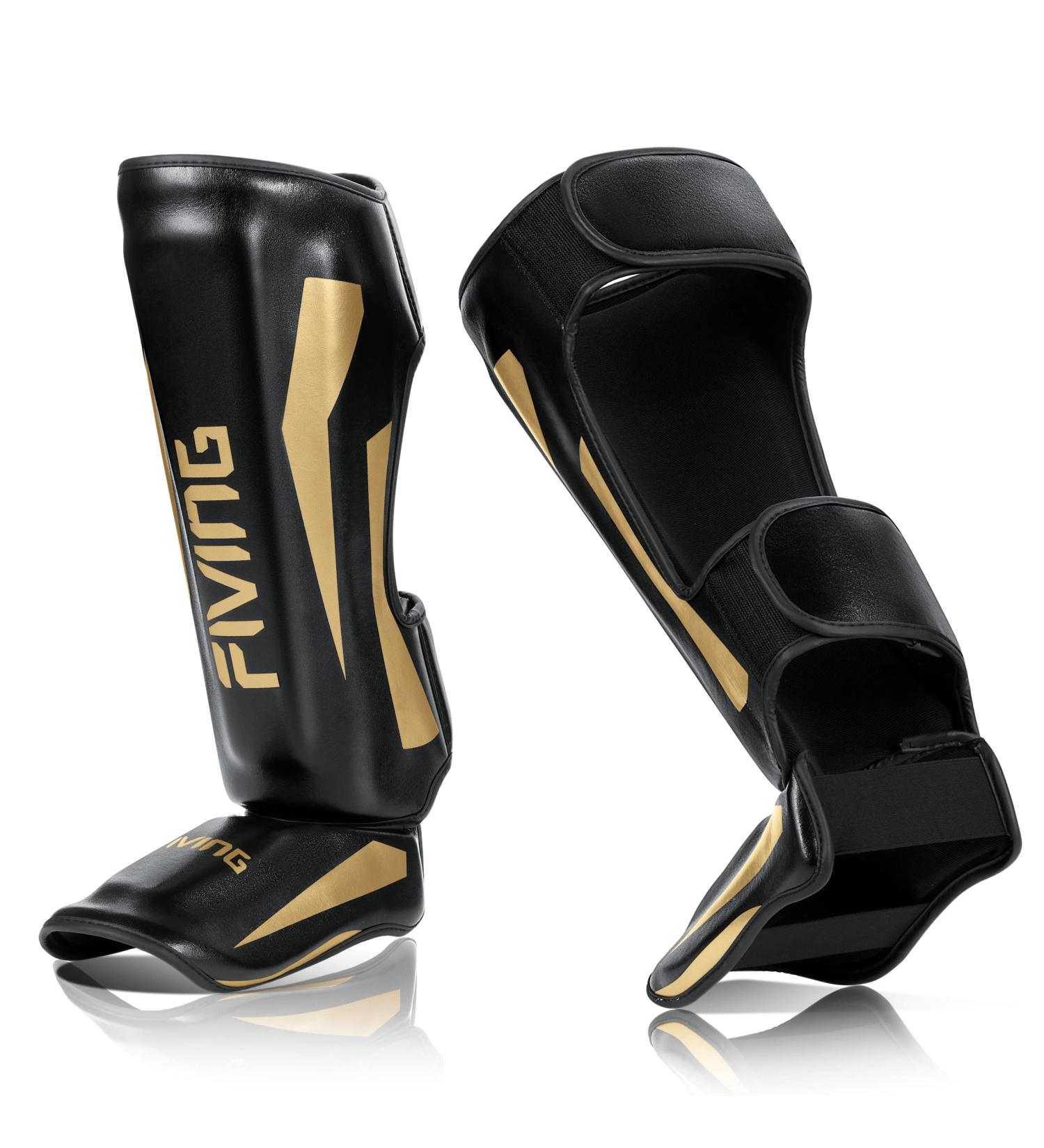 FIVING Martial Arts Shin Guards - Microfiber Leather, Adjustable Leg Protection for Muay Thai, Kickboxing, MMA - Black-Gold, Large - Buy Online on GoSupps.com