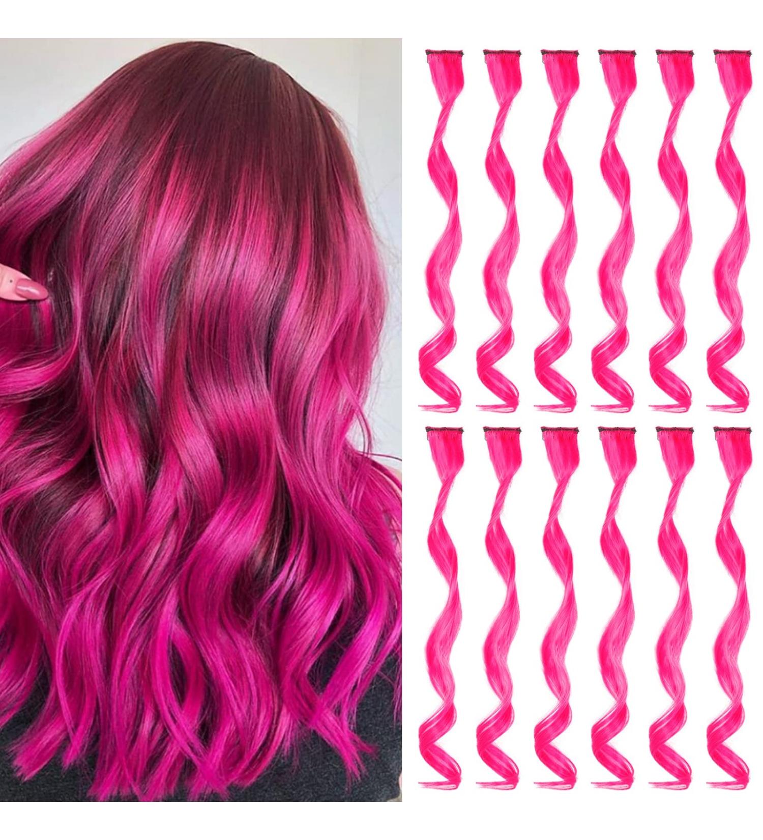 22-Inch Pink Clip-In Hair Extensions for Girls - Colorful Curly Wavy Party Highlights (12 Pcs) - Perfect Hair Accessories for Women & Children - Buy Online on GoSupps.com