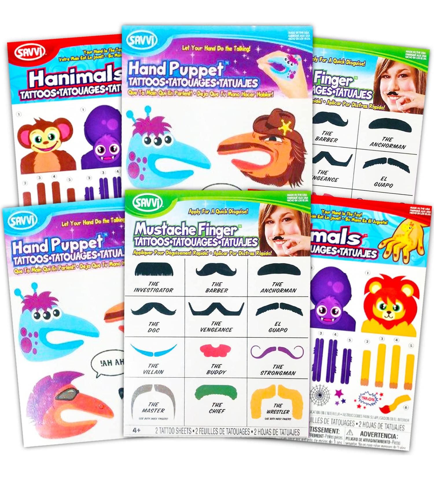 Kids Party Favor Hand Puppets Tattoos - Animal Finger Mustache Monkey Spider Giraffe Temporary Tattoos for Halloween Costume Accessories - Buy Online on GoSupps.com