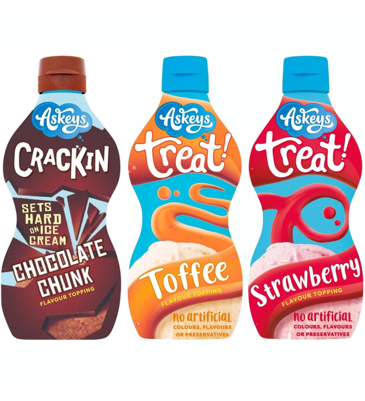 Askeys Ice Cream Sauce Topping Crackin Chocolate Chunk 225g Toffee Sauce 325g & Strawberry Flavour Sauce 325g (3 Pack Mixed Bundle) - Buy Online on GoSupps.com