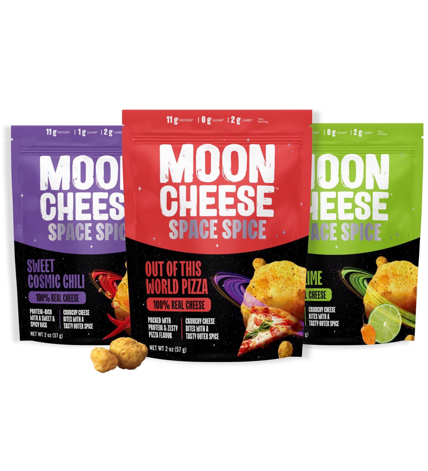 Moon Cheese Space Spice Variety Pack Crunchy Protein-Rich Cheese Snack Keto Friendly 100% Real Cheese Low Carb Gluten-Free Low Sugar 2 Oz bags (Pack of 3 1 of Each Flavor) Variety (Pizza Lime Chili) - Buy Online on GoSupps.com