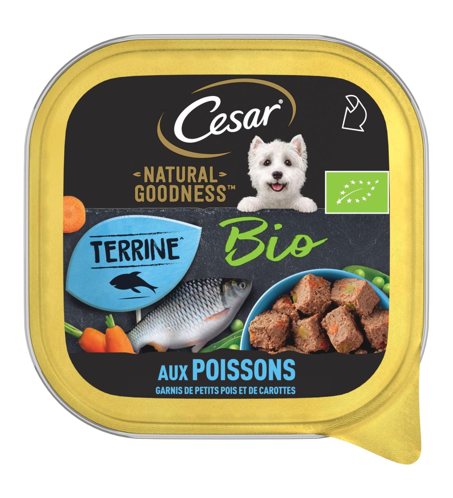 Cesar Barquettes Natural Goodness Bio Terrine Wet Food for Dogs with Fish Garnished with Peas and Carrots Pack of 16 trays x 100 g - Buy Online on GoSupps.com