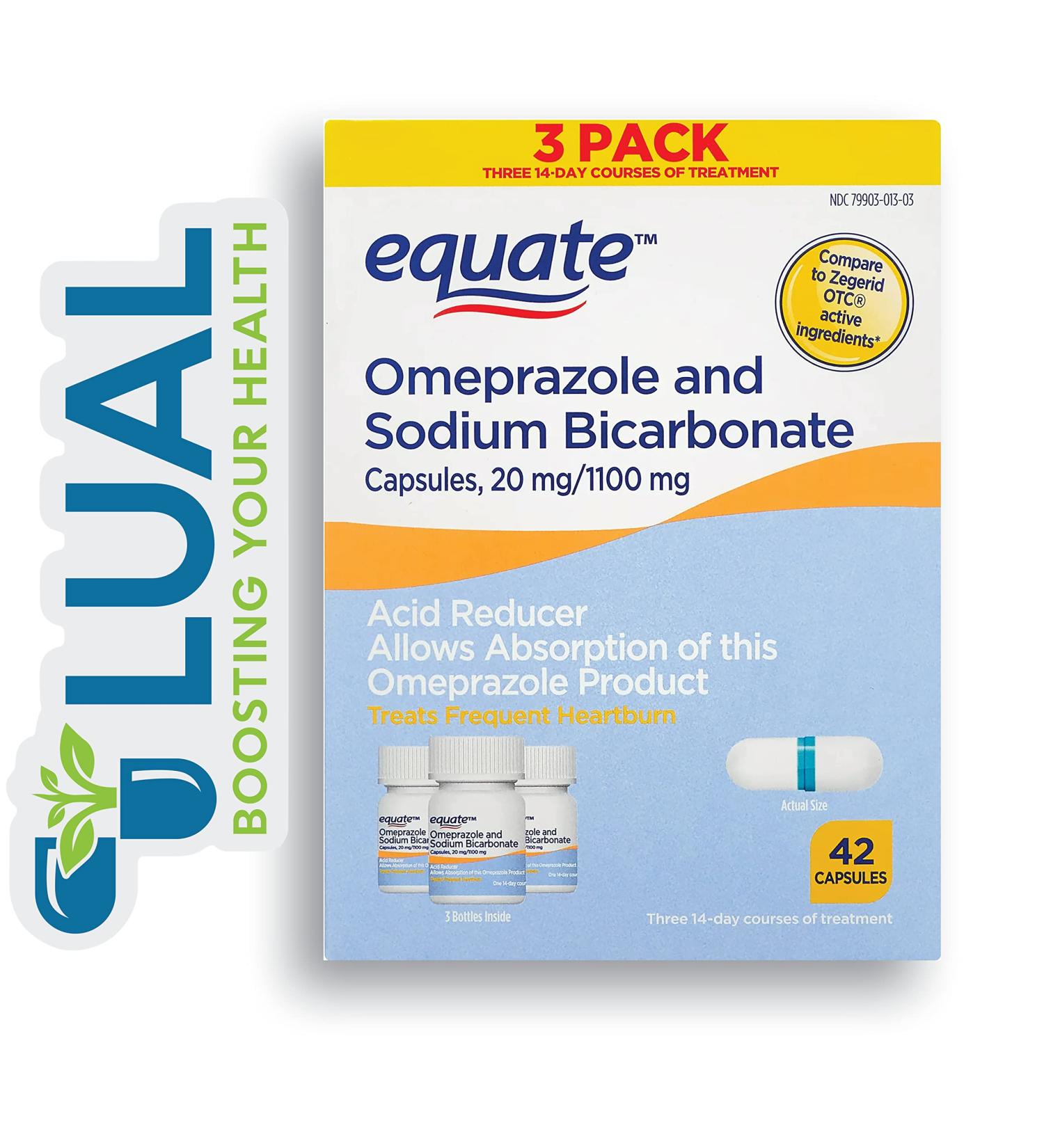 Omeprazole Acid Reducer for Heartburn - 42 Capsules with Luall Sticker + Equate Omeprazole and Sodium Bicarbonate - 20mg/1100mg - Buy Online on GoSupps.com