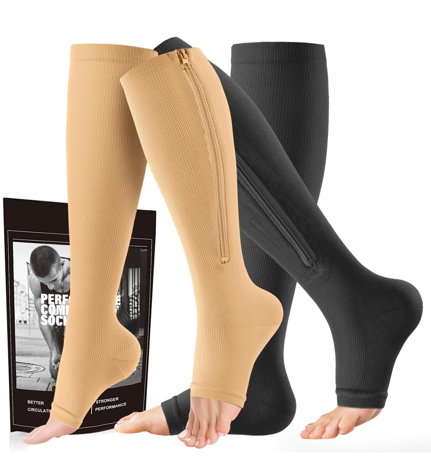 Cerpite Compression Stockings with Zipper - 2 Pairs Open Toe 15-20 mmHg for Men & Women - Black/Nude - Ideal for Comfort & Support - Buy Online on GoSupps.com