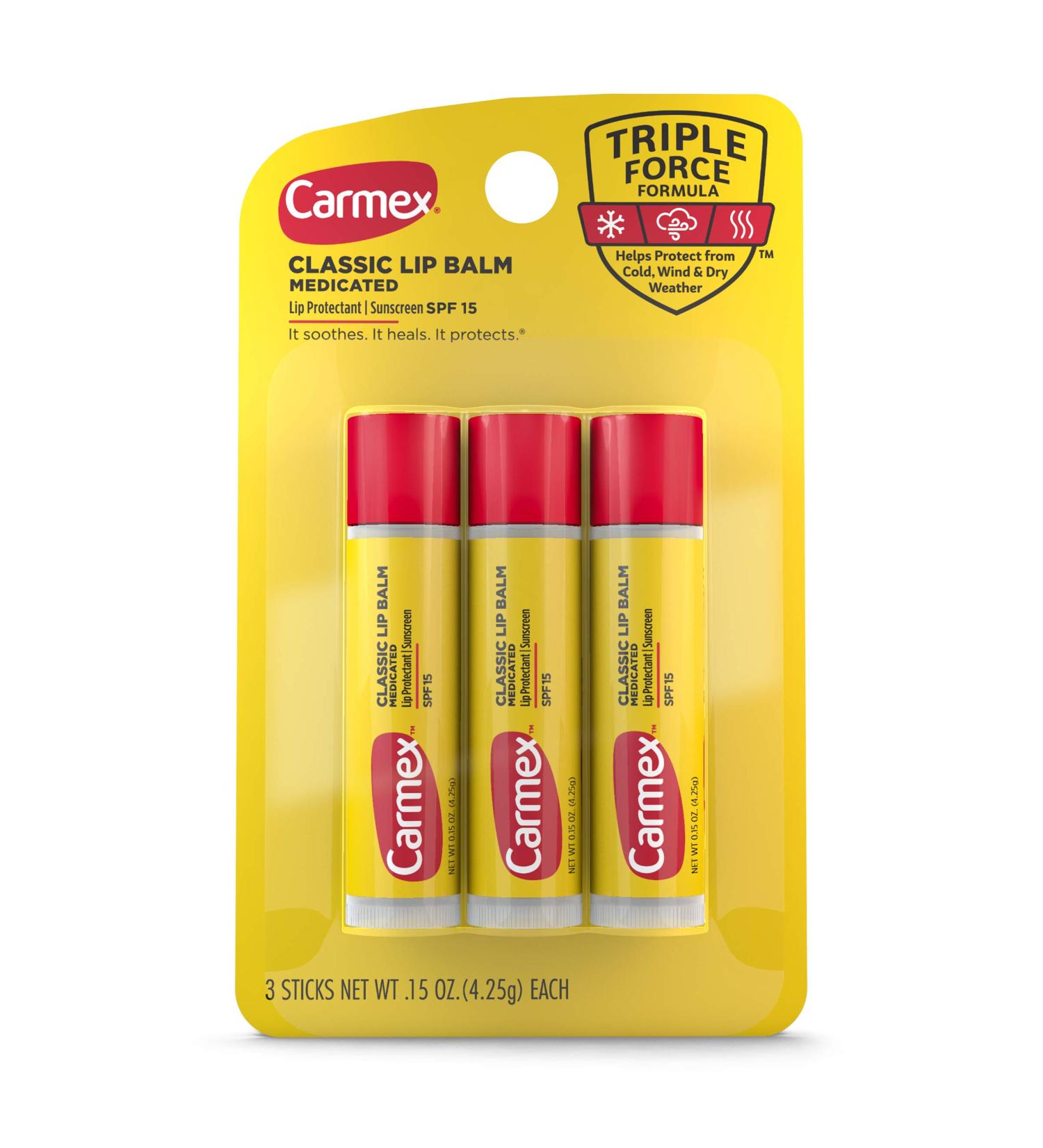 Carmex Medicated Lip Balm Sticks Lip Moisturizer for Dry Chapped Lips - 3 Count 3 Count (0.15 Ounce each) - Buy Online on GoSupps.com