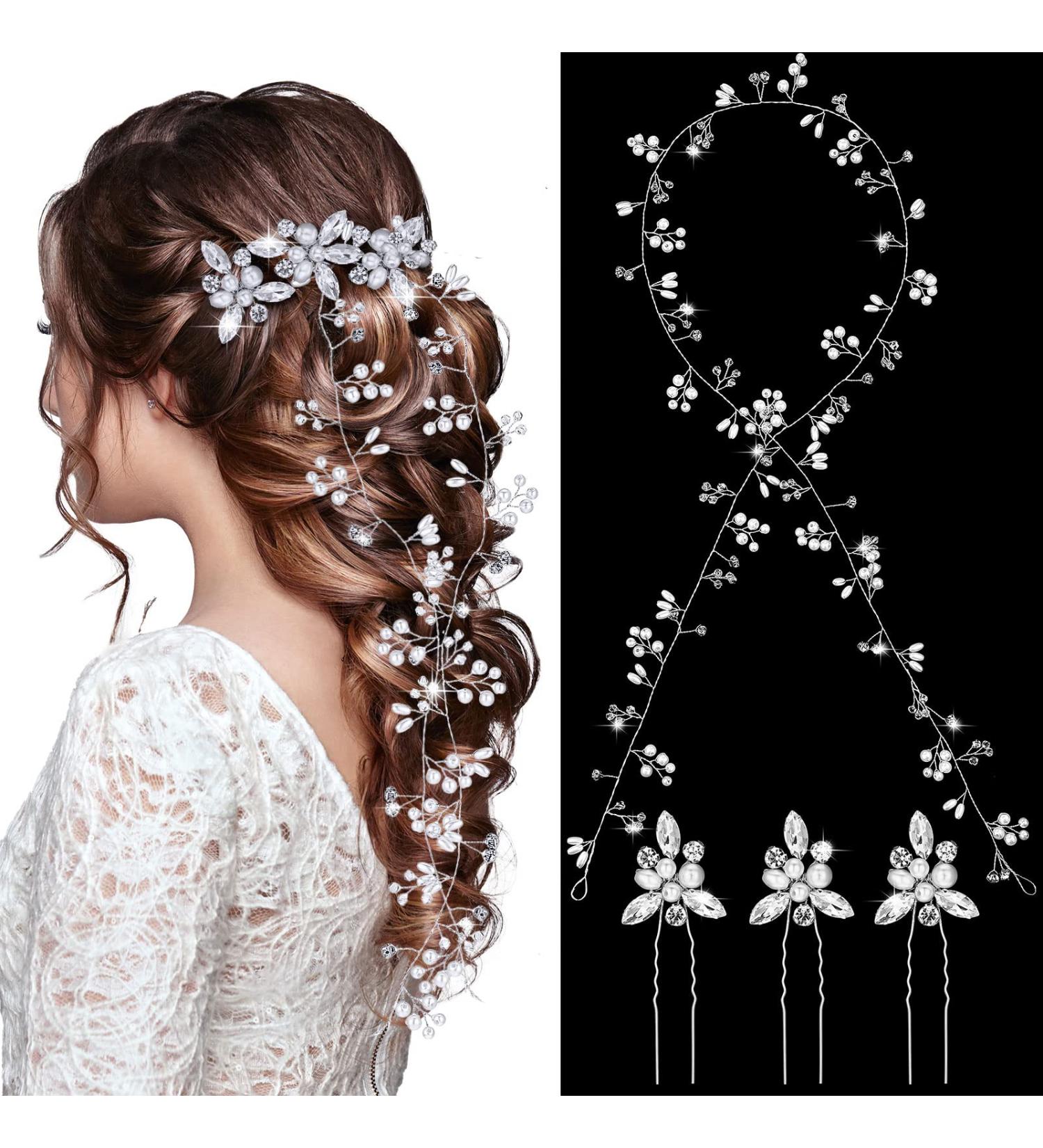 Chuangdi 5-Piece Extra Long Pearl and Crystal Bridal Hair Vine with Rhinestone Hair Pins - Silver - Buy Online on GoSupps.com