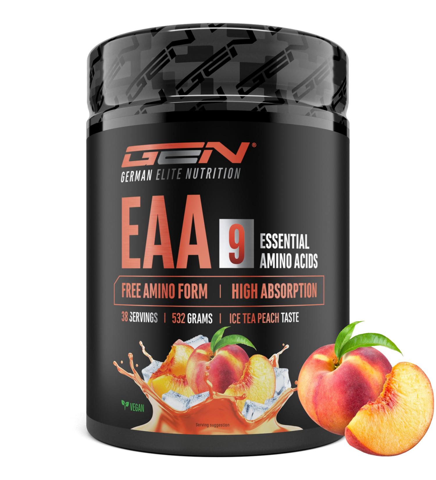  GEN GERMAN ELITE NUTRITION EAA Powder 532g (38 servings) - All 9 essential amino acids including histidine & BCAAs - Human Code formula - Vegan - Very good solubility - Refreshing amino acid drink (Peach Iced Tea) - Buy Online on GoSupps.com