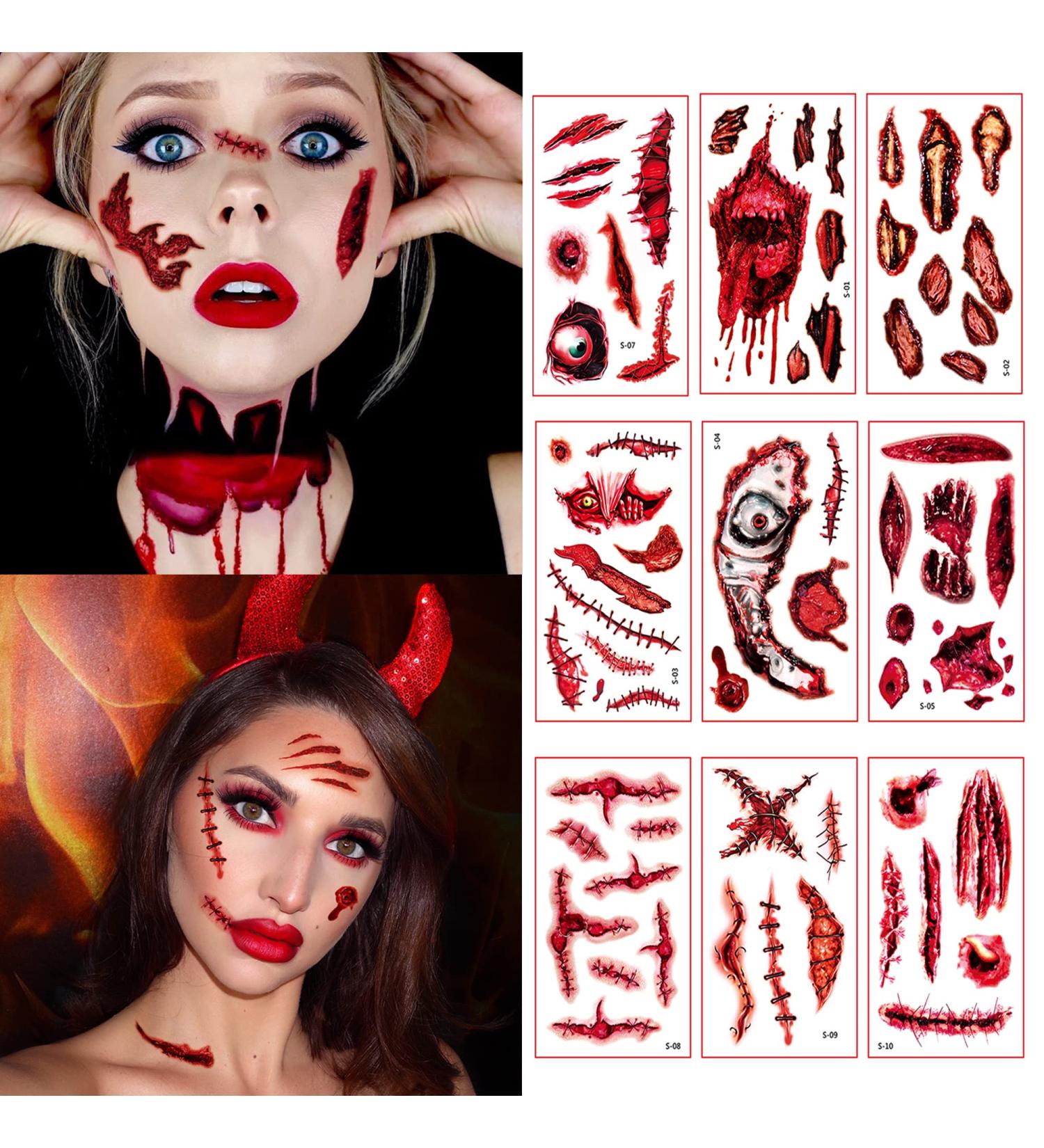 Goldshire 75PCS Halloween Temporary Tattoo Face Scar Sticker Set - Realistic Fake Blood Wounds for Halloween Party Cosplay - Buy Online on GoSupps.com