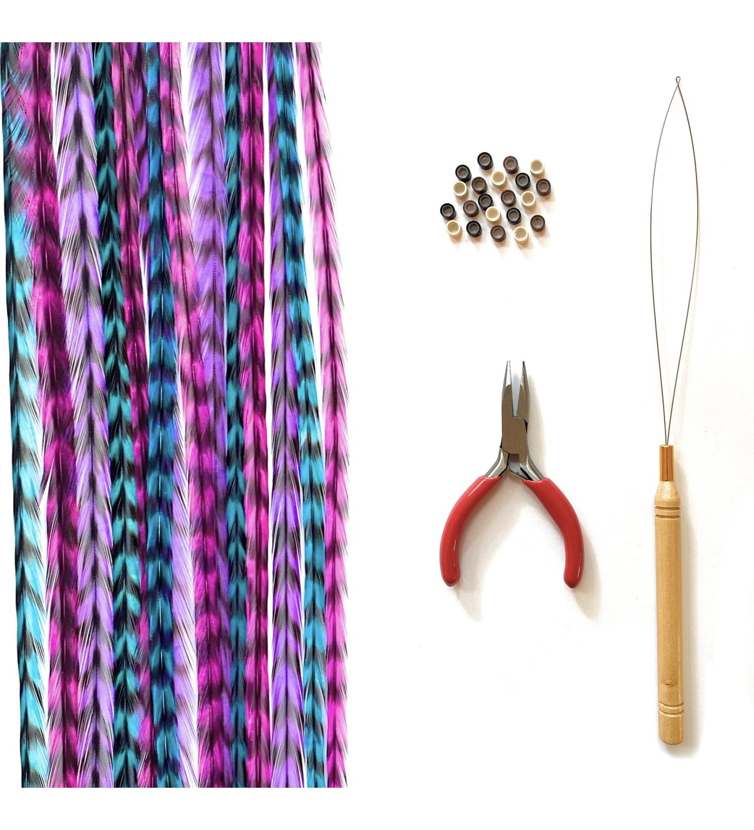 Real Rooster Feather Hair Extensions in Pink, Purple, Blue - B1 Striped Kit - Buy Online on GoSupps.com