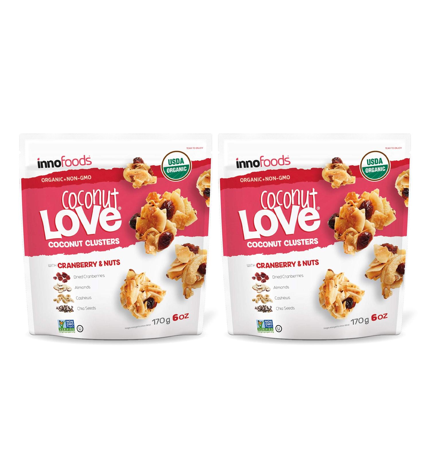 InnoFoods Coconut Love Coconut Clusters with Cranberry & Nuts 6oz (2pk) - Gluten-Free Vegan Snacks - Organic Cashew & Almond Granola Bites - Buy Online on GoSupps.com