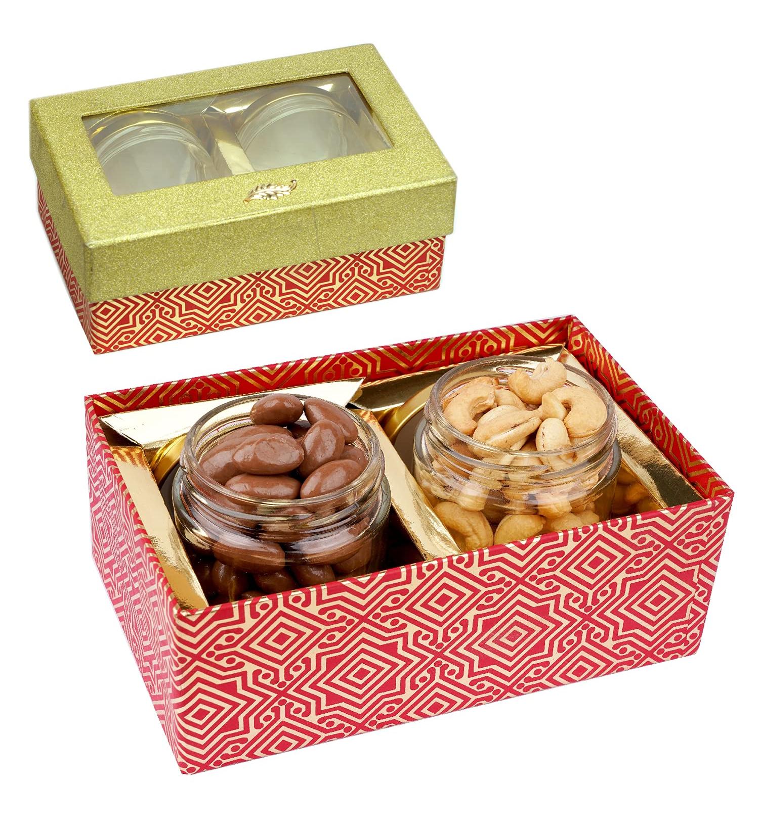 Jaiccha Ghasitaram Dryfruits Hamper- box with 2 Jars of Chocolate Coated Almonds and Roasted Cashews |Gift for Diwali Holi Rakhi Valentine Christmas Birthday Anniversary Her Him| - Buy Online on GoSupps.com