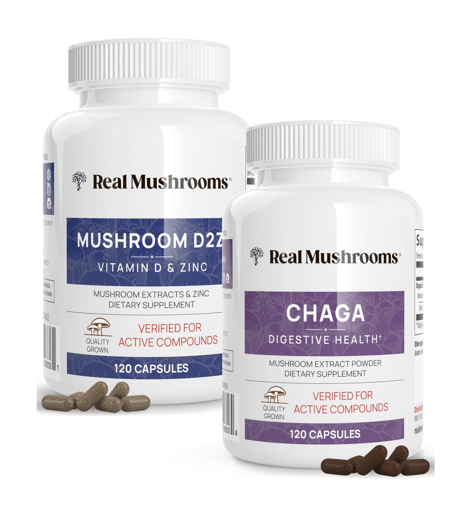 Real Mushrooms Vitamin D2 Zinc (120ct) and Chaga (120ct) with Reishi Bundle - Natural Support for Immune Strength and Digestive Health - Vegan Gluten Free Non-GMO Organic Mushroom Extracts - Buy Online on GoSupps.com