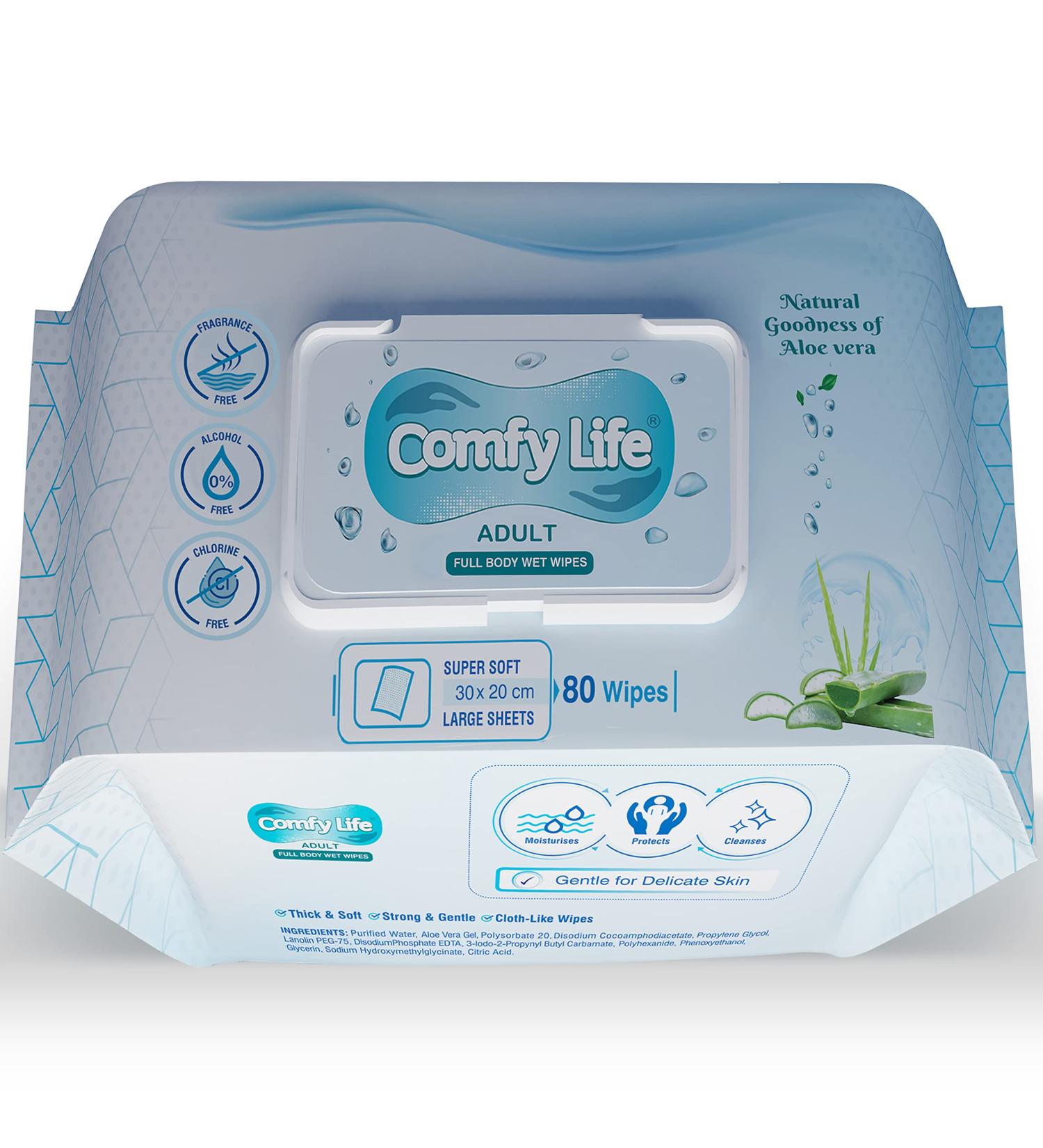Comfy Life Premium Full Body Cleansing Wet Wipes for Adults - 80 Count Pack - Luxury Fresh-Feel, Rinse-Free, Fragrance-Free Intimate Care Sheets - Buy Online on GoSupps.com