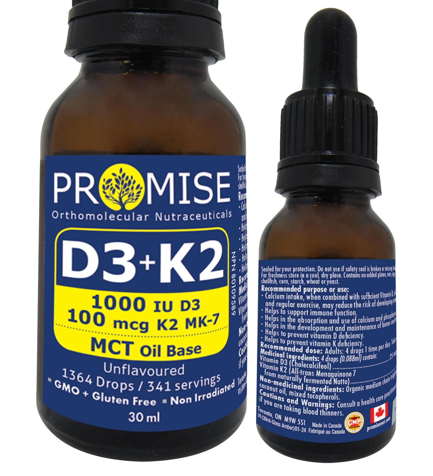 Promise Vitamin D3 + K2 in MCT oil 1364 drops Unflavoured Made in Canada (30ml - 341 servings) - Buy Online on GoSupps.com