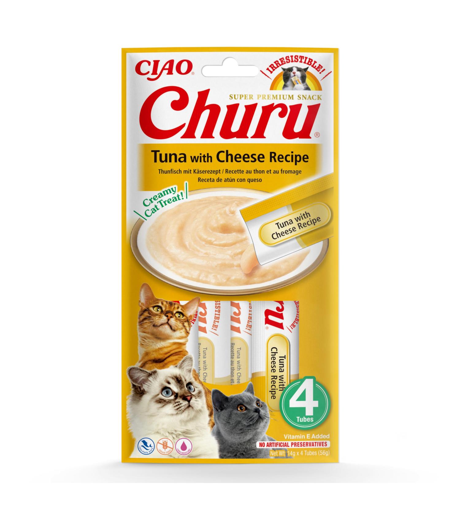 Inaba Churu Puree Katzensnacks - Hand Feeding Cat Treats with Tuna & Cheese - 4 Sticks x 14g - Gourmet Cat Snacks for Happy Cats - Buy Online on GoSupps.com