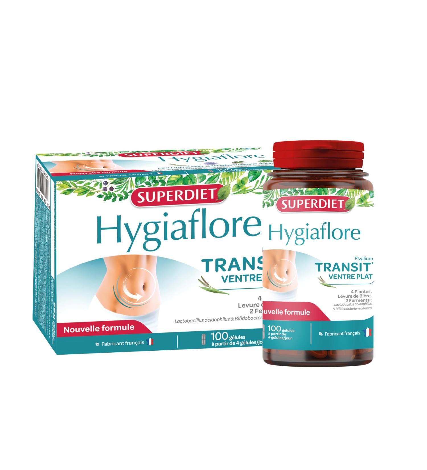 SUPERDIET - HYGIAFLORE - NEW FORMULA - Flat stomach - Complex of 4 Plants (including Psyllium) Brewer's Yeast and Lactic Ferments - 100 Capsules - Buy Online on GoSupps.com