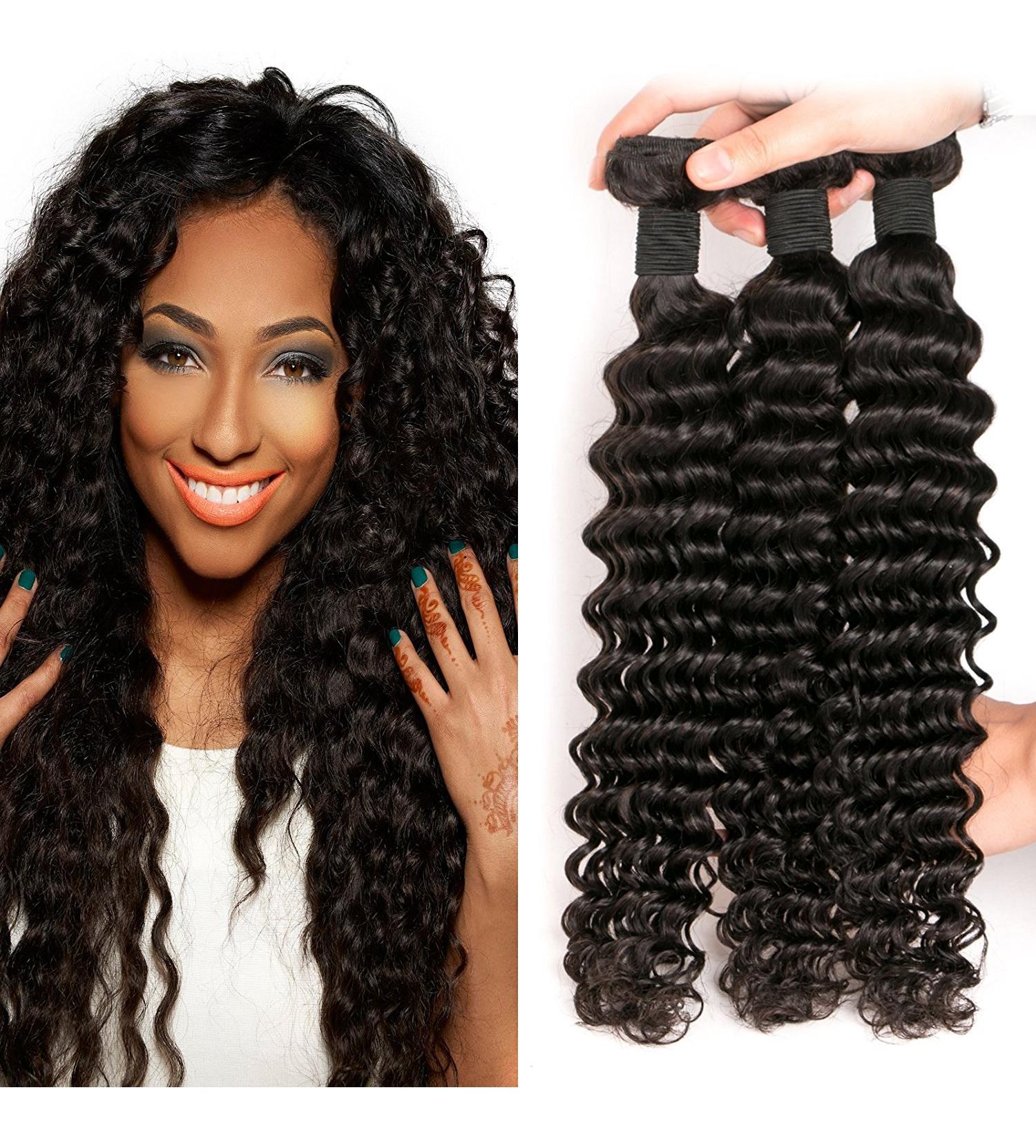 Daimer Brazilian Virgin Hair Deep Wave Bundles 300g 12-14-16 Inch Thick Real Hair Extensions for Black Women - Natural Color - Buy Online on GoSupps.com