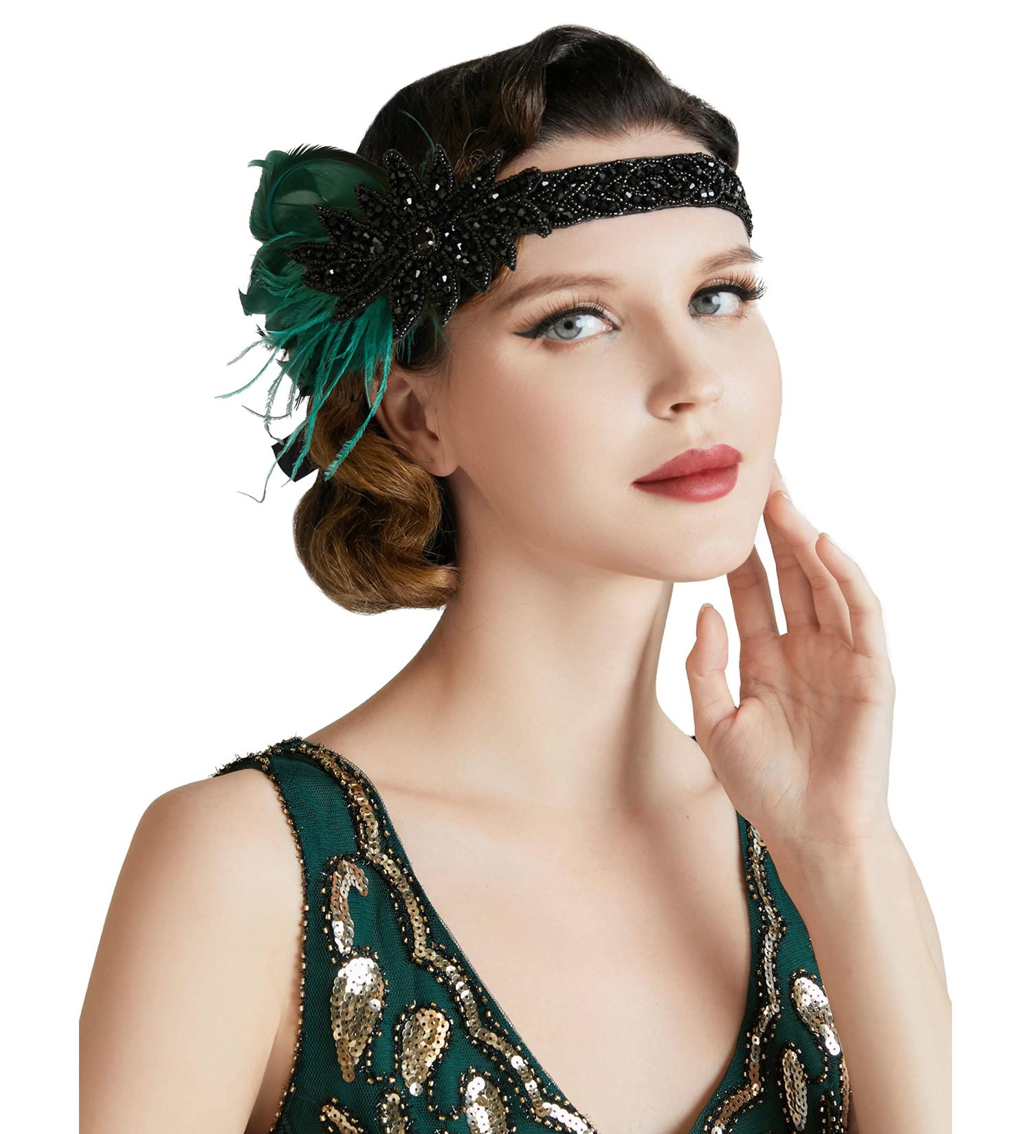 Buy Babeyond Women's 1920s Feder Headband | Flapper Charleston Hair Band | Great Gatsby Dark Green Carnival Costume Accessory - Buy Online on GoSupps.com