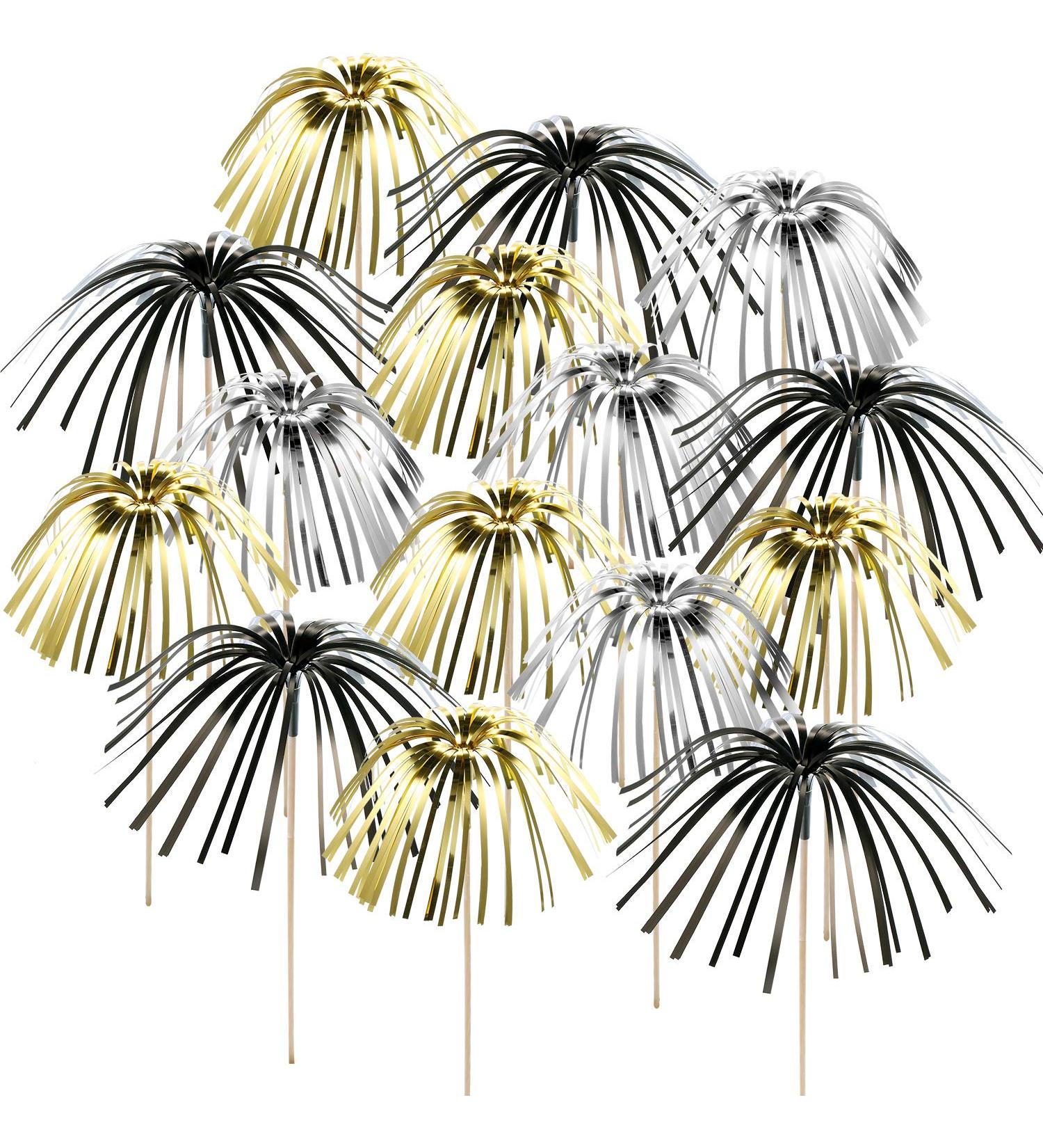 100 Pieces Firework Cupcake Toppers Graduation Foil Frill Toothpicks Holiday Cake Decorations 9 Inch Shape Food Picks for Halloween Party Favors Supplies (Black Gold Silver) - Buy Online on GoSupps.com