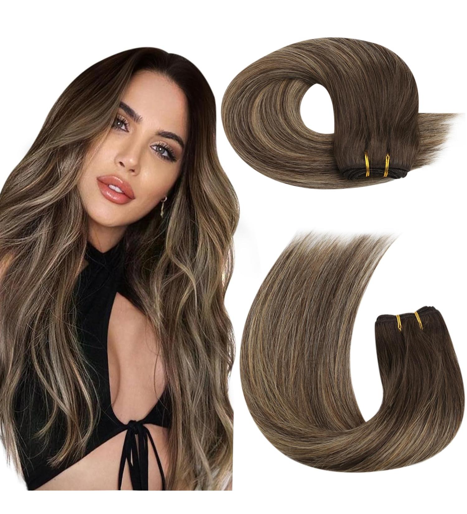 Moresoo Human Hair Weft Extensions 24 Inch Dark Brown Ombre to Caramel Blonde Double Weft - 100g/Pack - Sew in Real Hair Extensions #4/27/4 - Buy Online on GoSupps.com