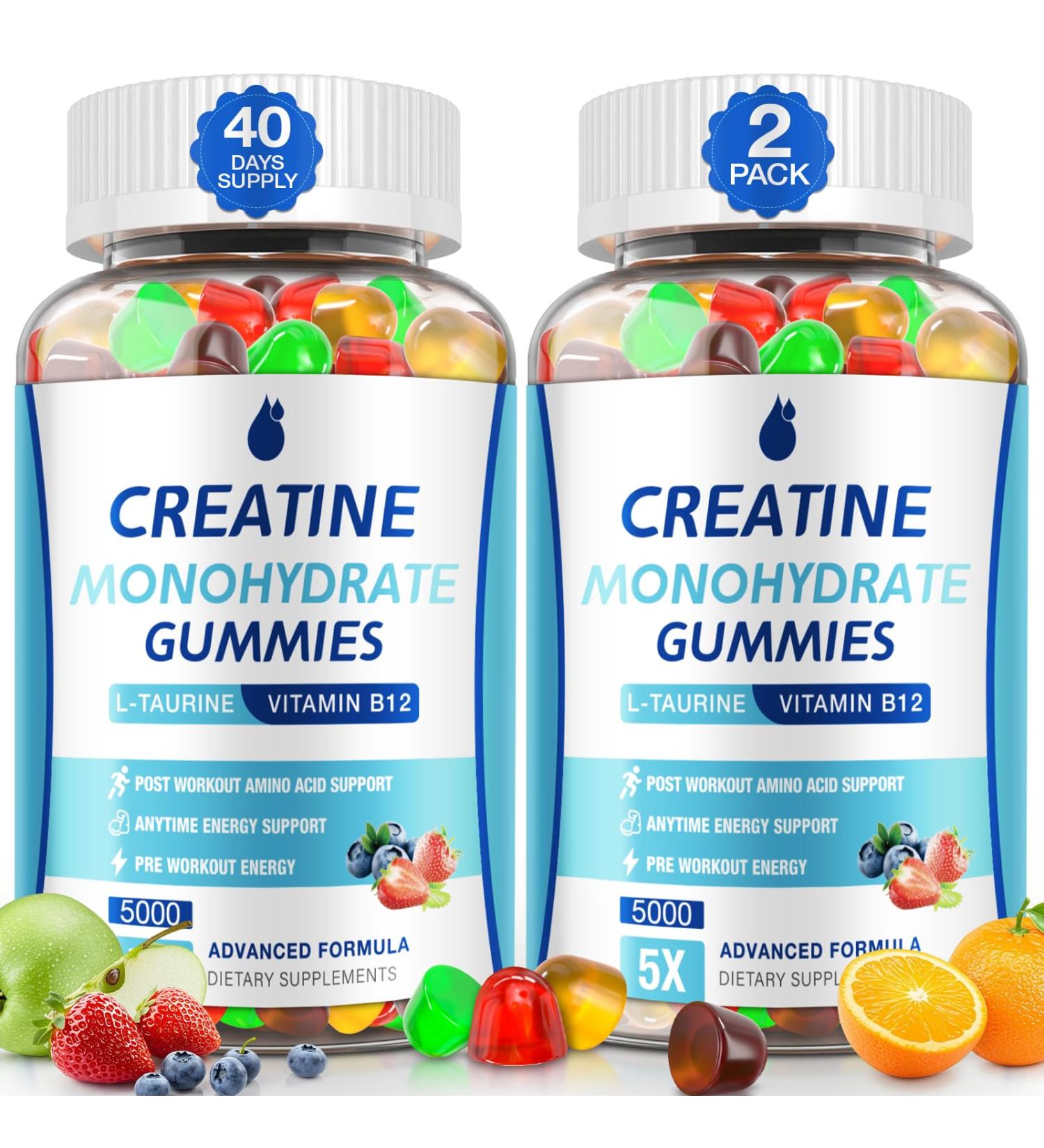 Creatine Gummies for Men & Women - Creatine Monohydrate Gummies 5g, Muscle Builder, Energy Boost & Pre-Workout Supplement, Low Sugar Taurine Chewable Gummy 2 Pack Fruit 80 Count (Pack of 2) - Buy Online on GoSupps.com
