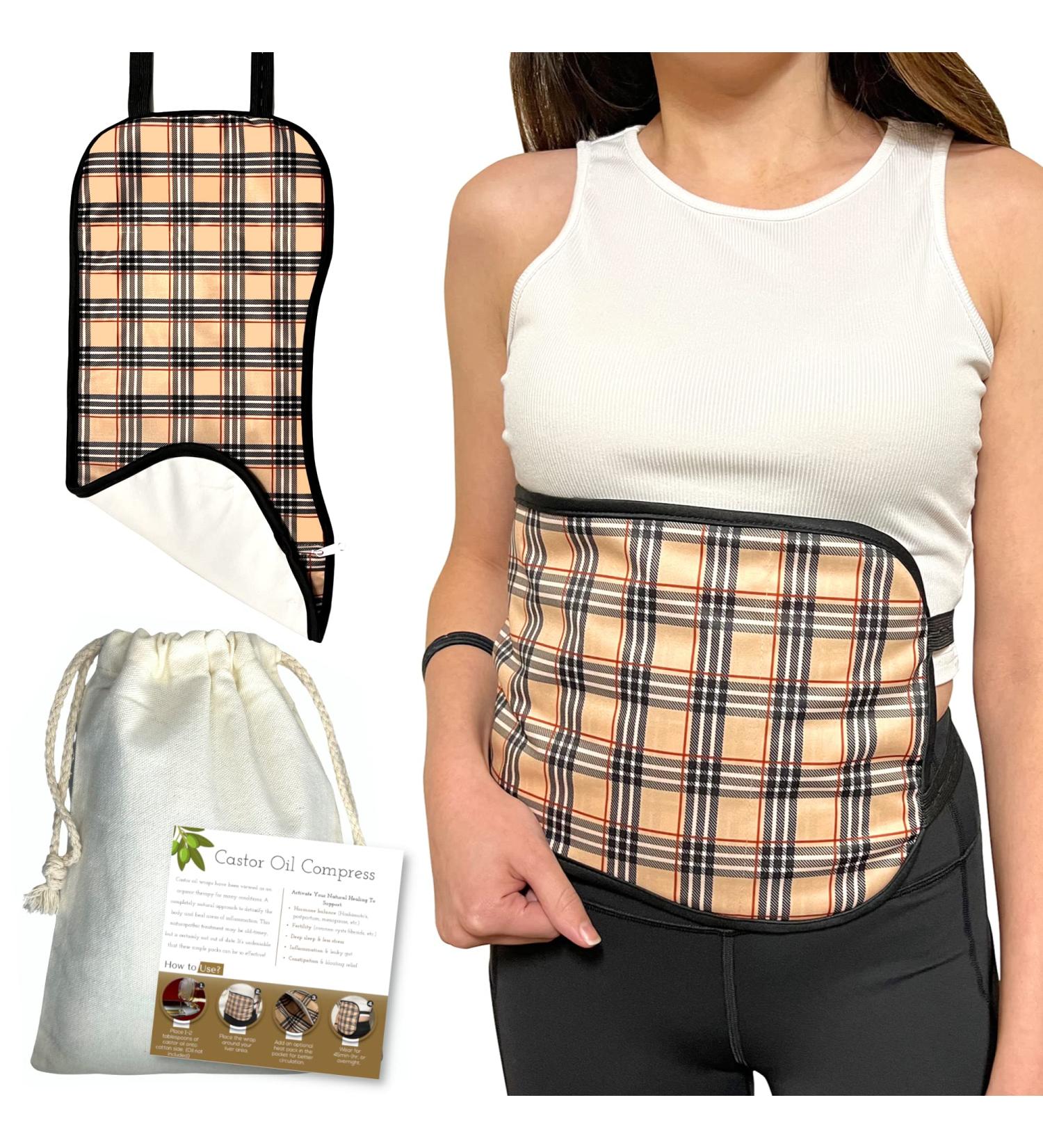 Organic Castor Oil Pack Wrap | Reusable & Mess-Free | Universal Fit for Liver Detox | Adjustable Elastic Strap | Includes Plaid + Bag - (Castor Oil Not Included - Buy Online on GoSupps.com
