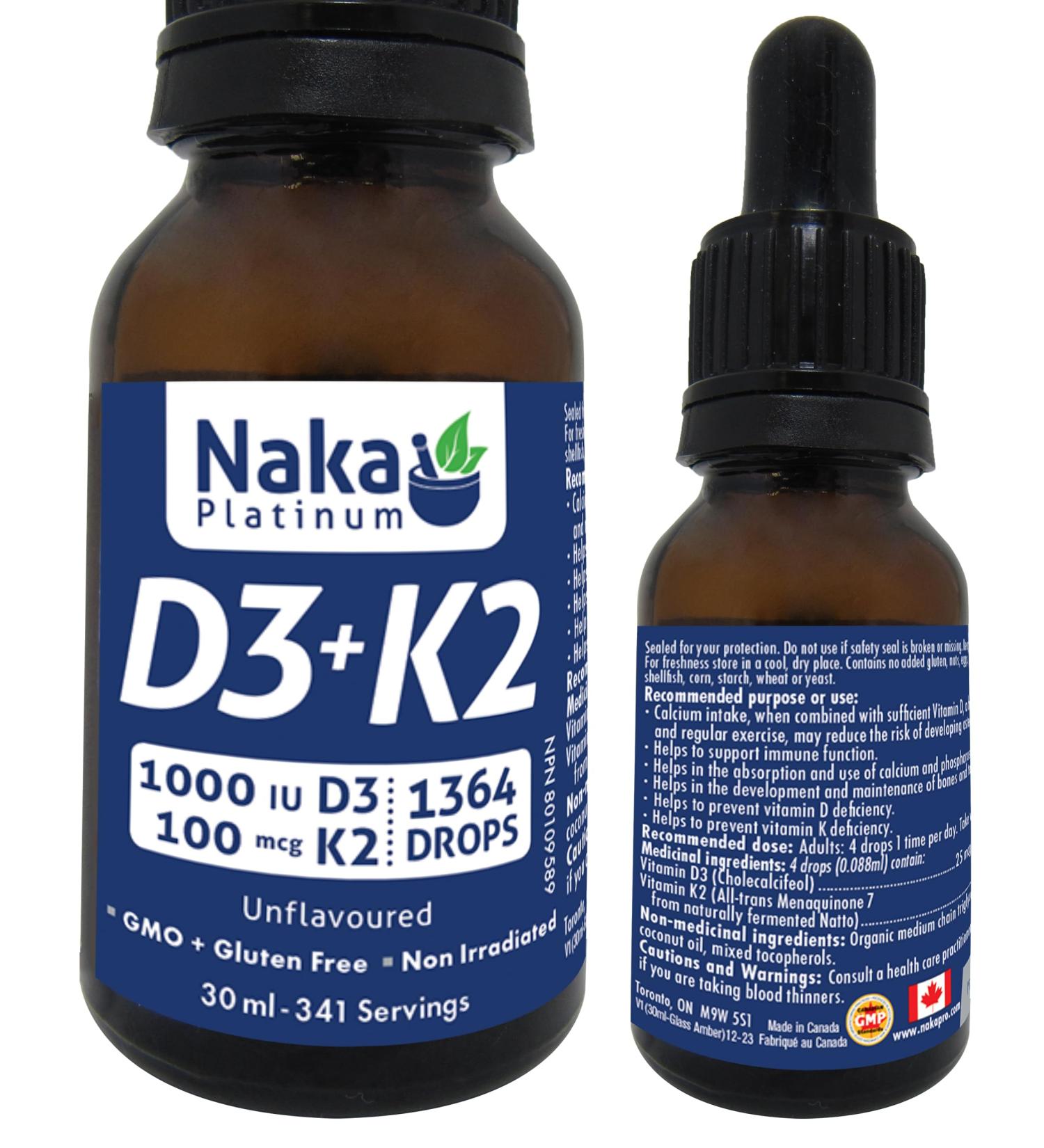 Naka Platinum Vitamin D3 + K2 in MCT oil 1364 drops Unflavoured Made in Canada (30ml - 341 servings) - Buy Online on GoSupps.com