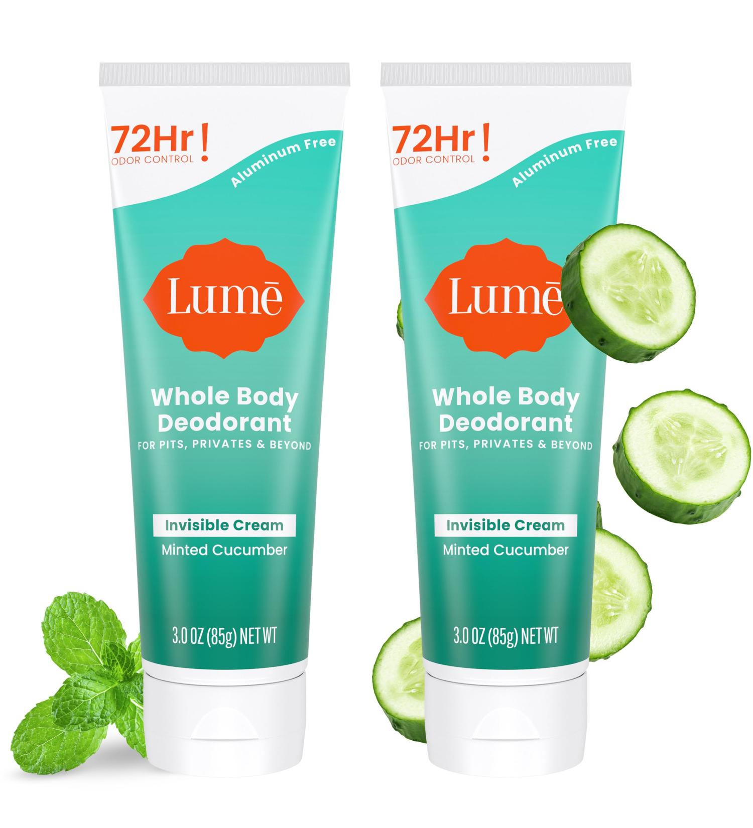LUME Whole Body Deodorant - Invisible Cream Tube - 72 Hour Odor Control - Aluminum Free Baking Soda Free Skin Safe - 3.0 ounce (Pack of 2) (Minted Cucumber) Minted Cucumber 3 Ounce (Pack of 2) - Buy Online on GoSupps.com