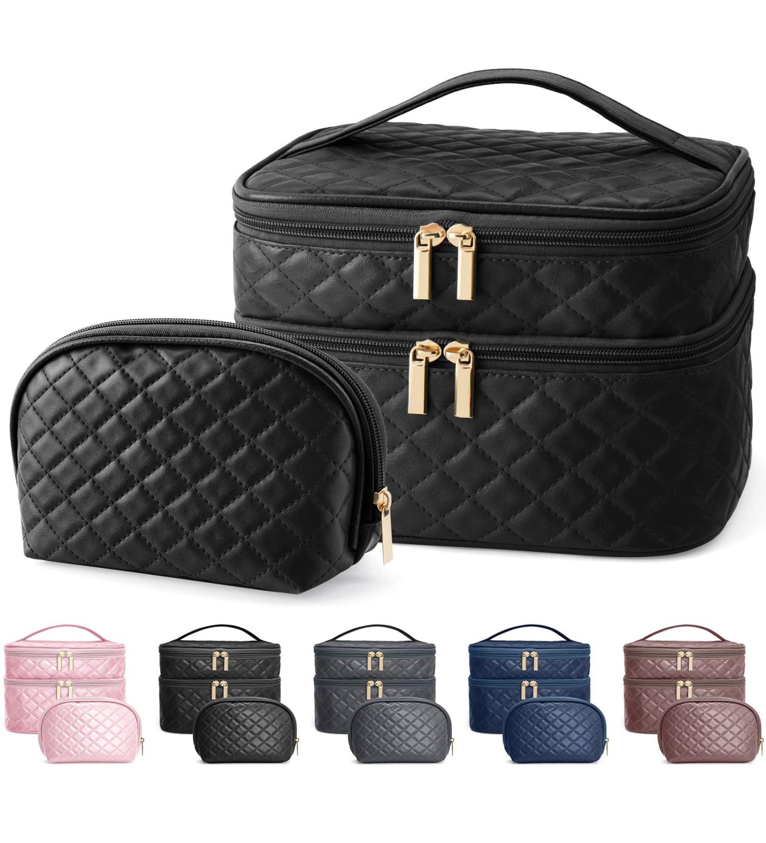 Maange Portable Travel Makeup Bag Set - 2 Pieces Waterproof PU Leather Cosmetic Bag for Women - Stylish & Multifunctional Black Bag - Buy Online on GoSupps.com