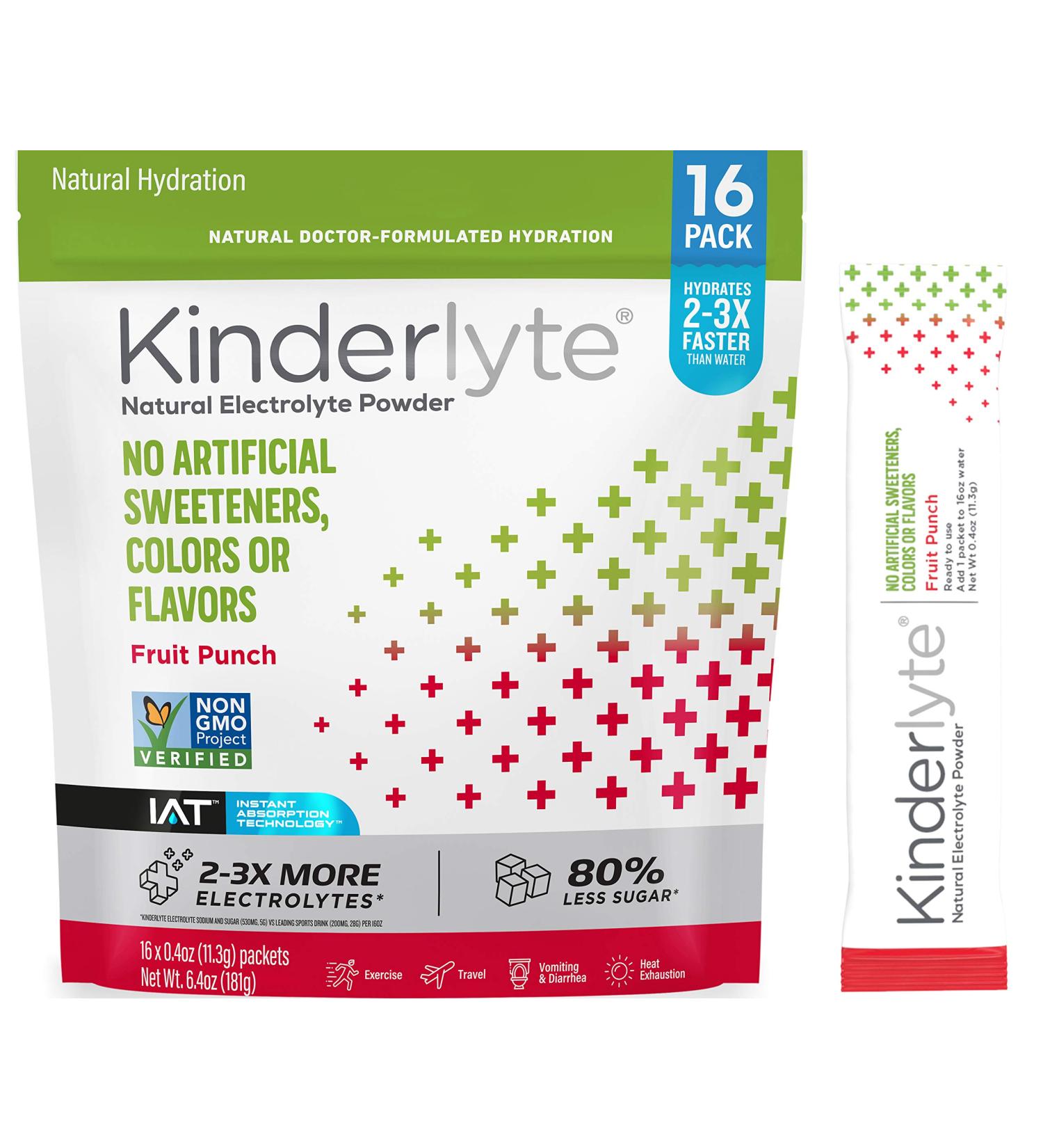 Kinderlyte Electrolyte Powder Fruit Punch 16 Count - Rapid Hydration Supplement Drink Mix 0.4 Ounce Packets - Buy Online on GoSupps.com