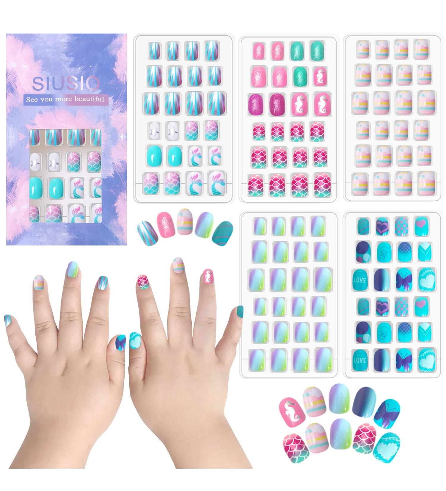 Siusio 120pcs Children Acrylic Fake Nails - Press On Glitter Gradient Nail Art Kits for Girls - Mermaid Beach Series - Buy Online on GoSupps.com