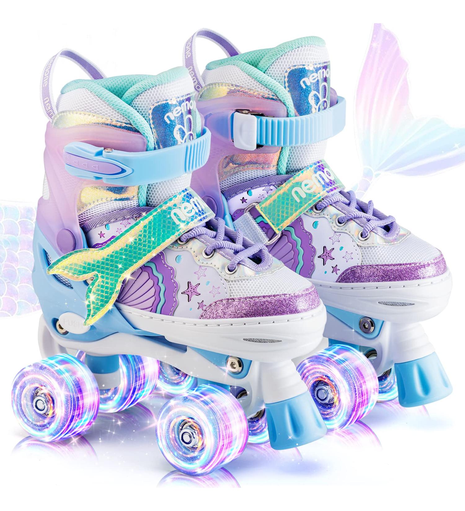 NEMONE Mermaid/Bunny Strawberry Light up Roller Skates | Adjustable 4 Sizes | Purple/Blue Skates for Girls | Indoor/Outdoor Kids Skates - A-Mermaid Medium - Big Kid - Buy Online on GoSupps.com
